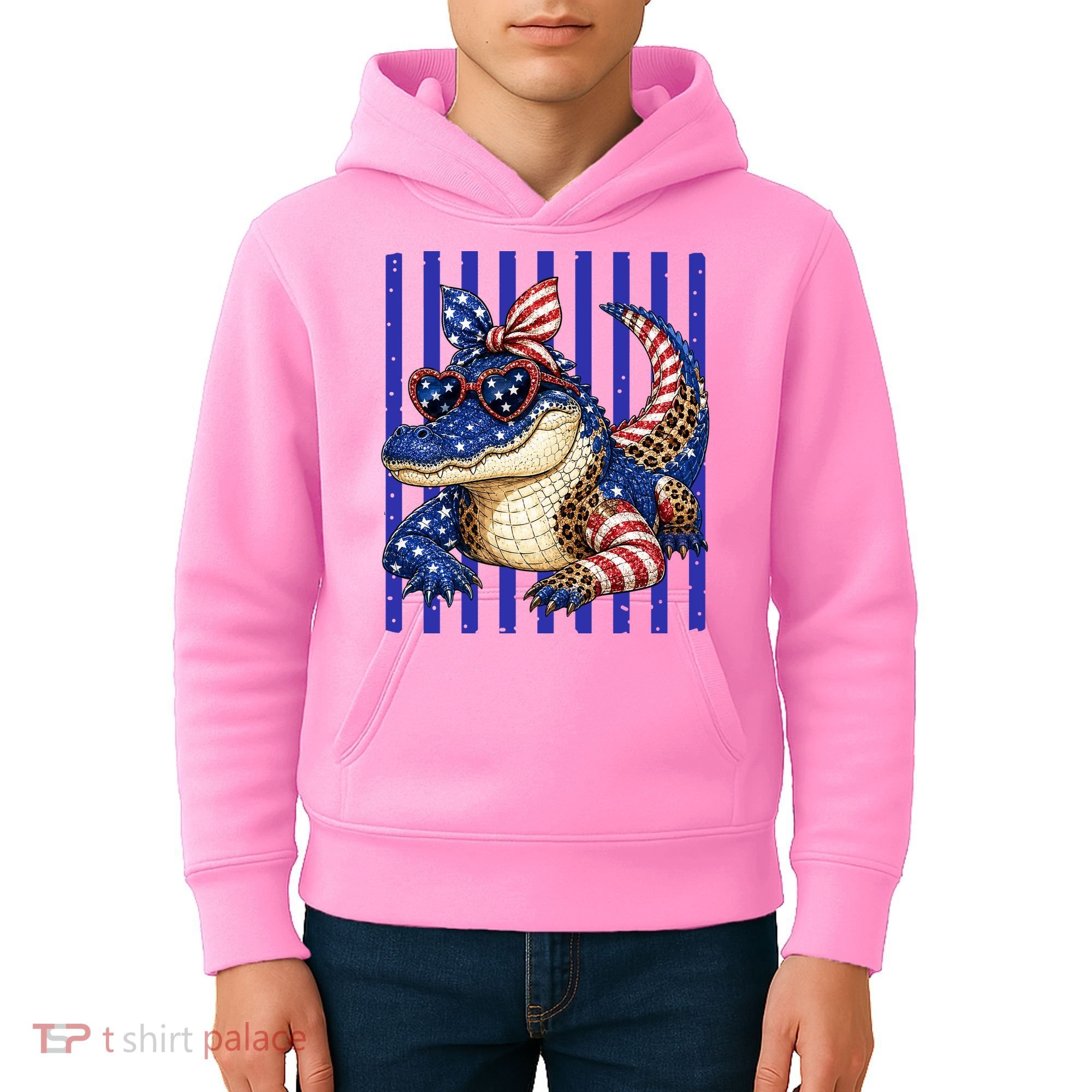 USA Patriotic 4th July Leopard Print Alligator Crocodile  Kids Hoodie