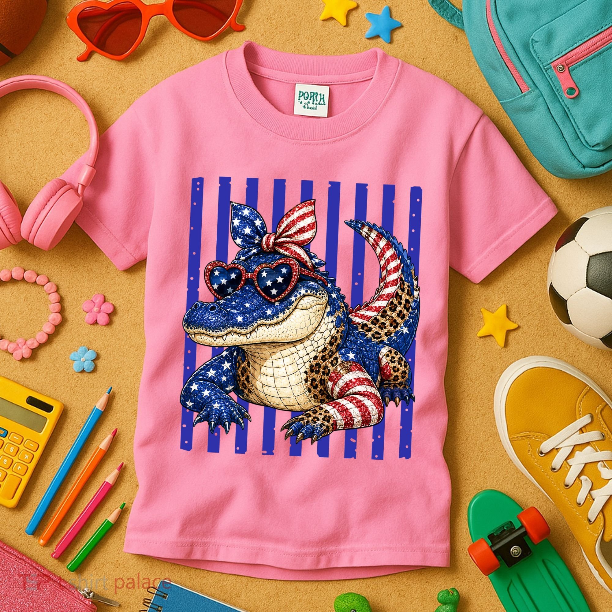 USA Patriotic 4th July Leopard Print Alligator Crocodile  Kids T-Shirt