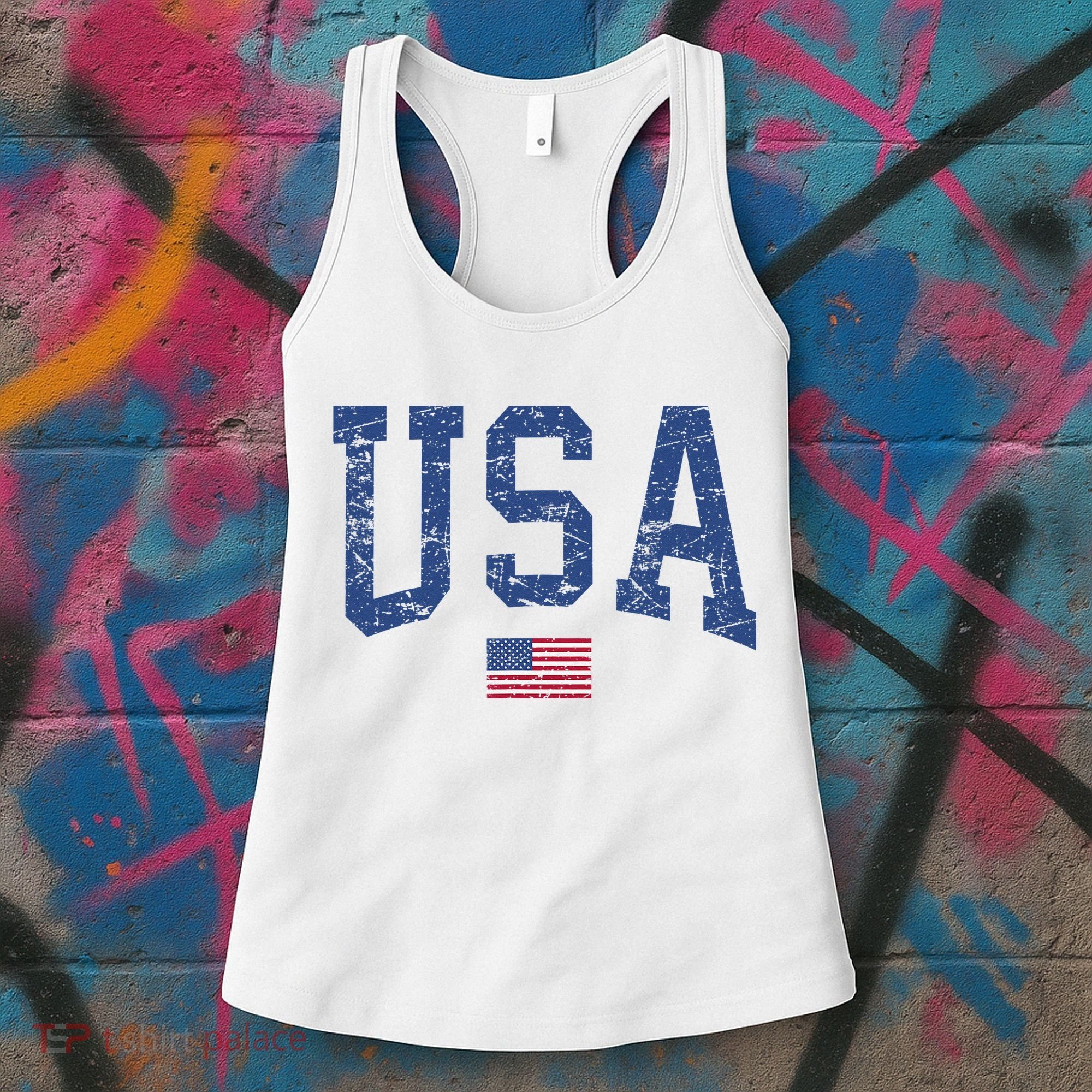 USA  Patriotic American Flag Distressed Women's Tank Top