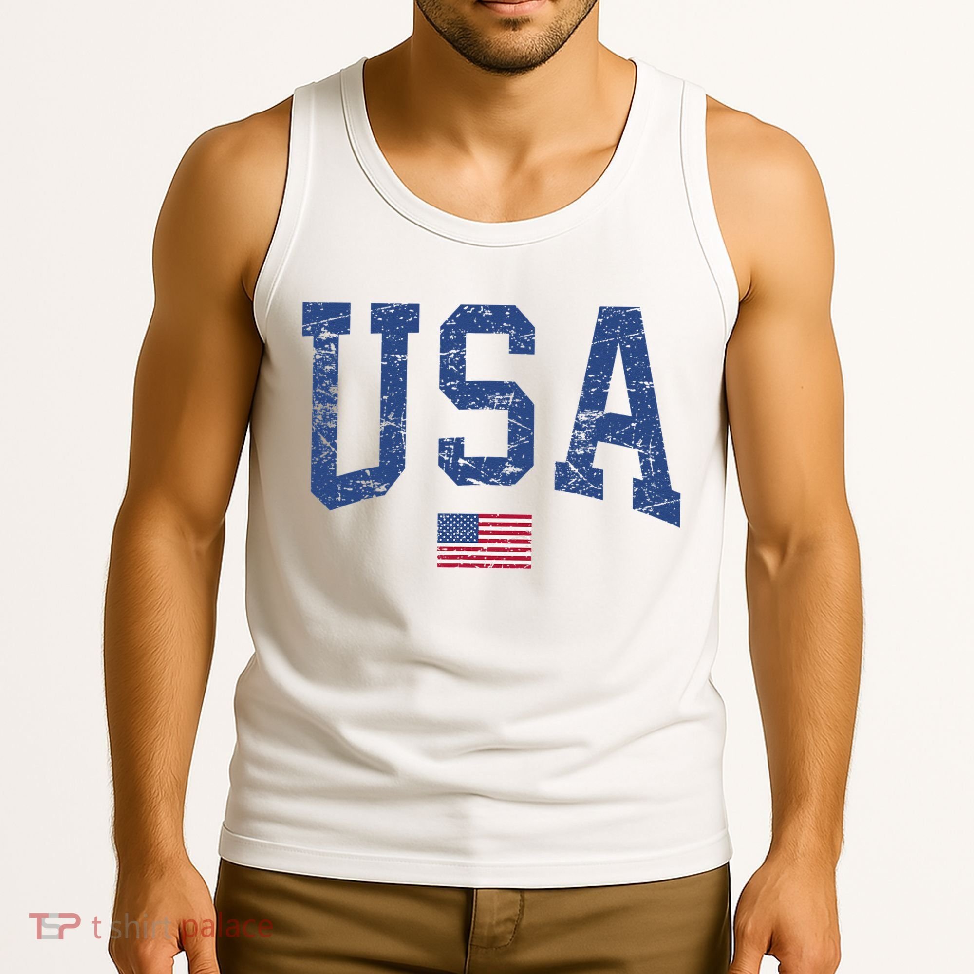 USA  Patriotic American Flag Distressed Tank Top