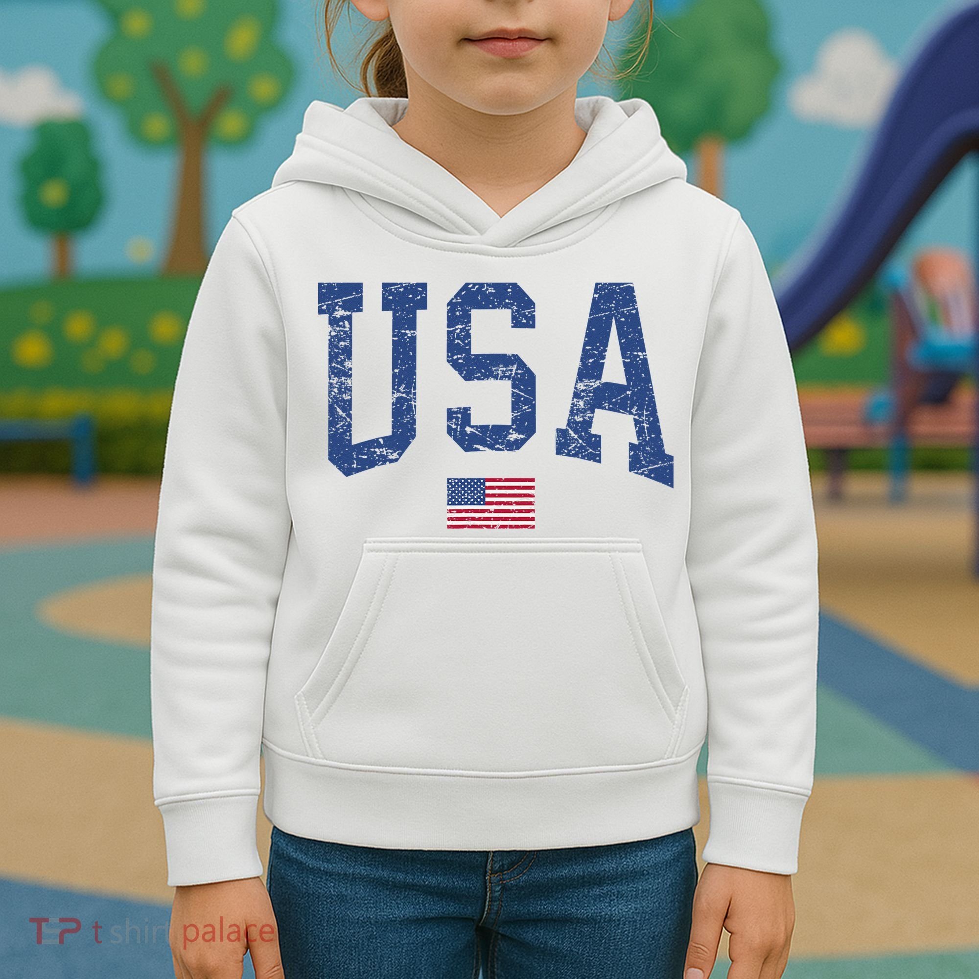 USA  Patriotic American Flag Distressed Kids Hoodie