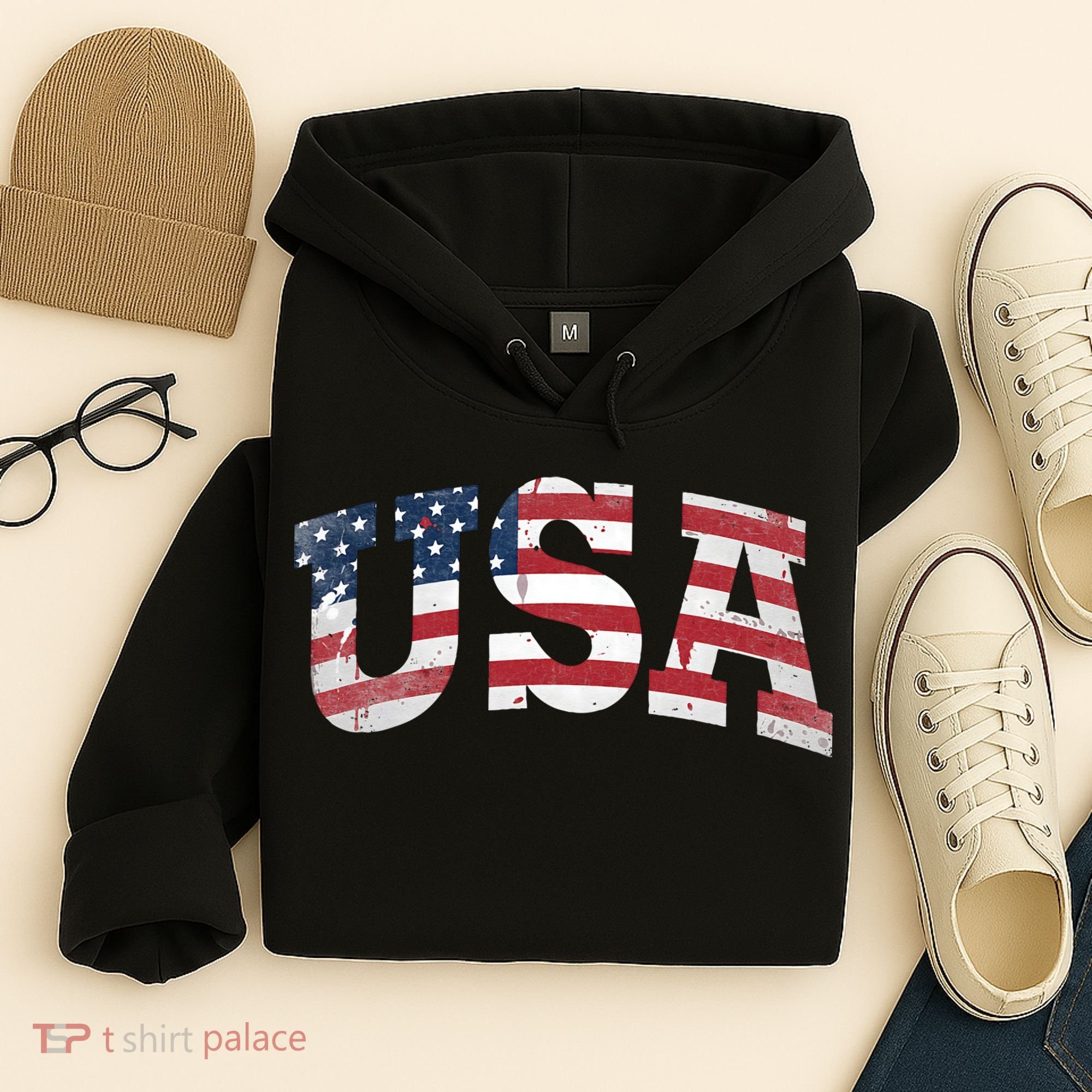 USA  Patriotic American Flag Distressed Hoodie