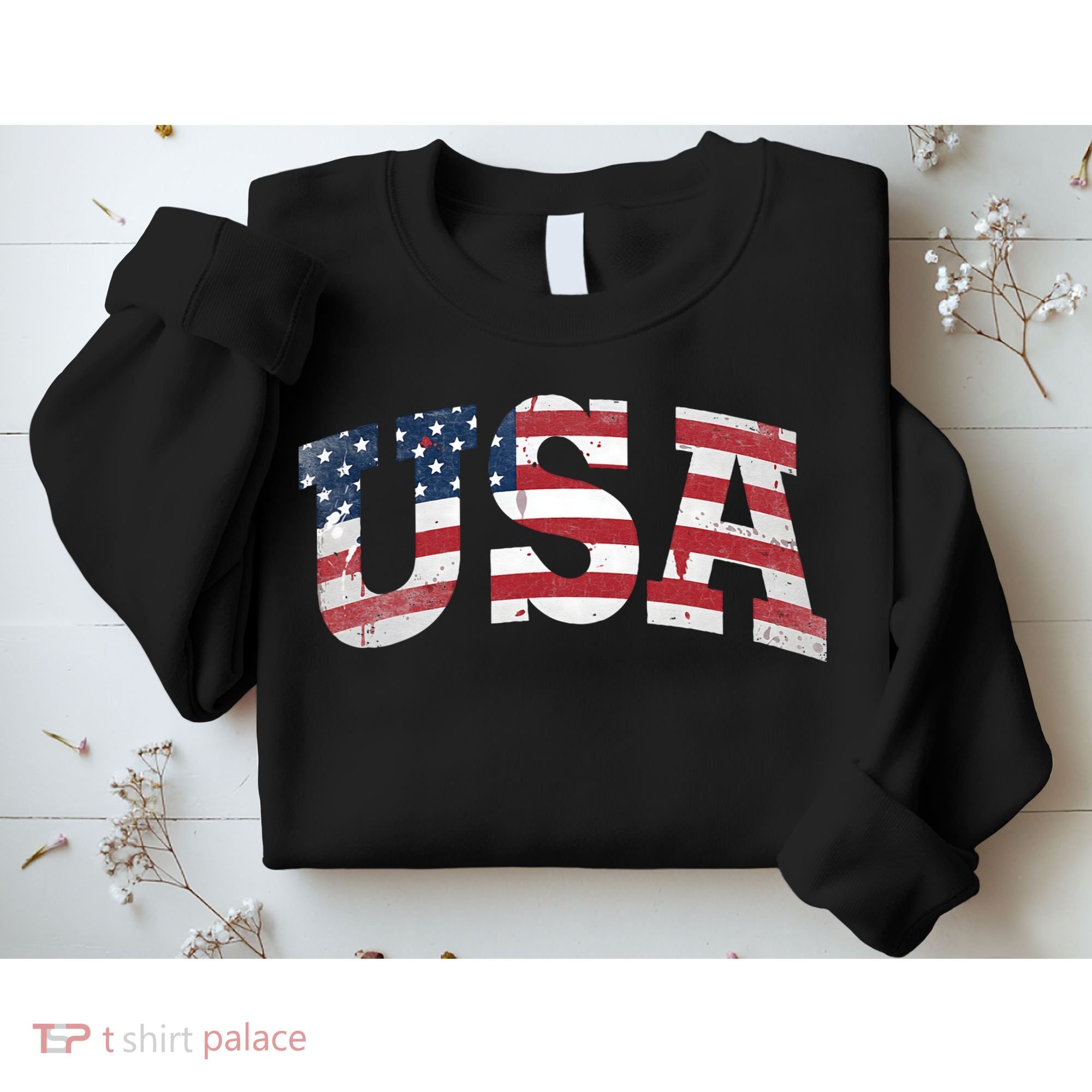 USA  Patriotic American Flag Distressed Sweatshirt