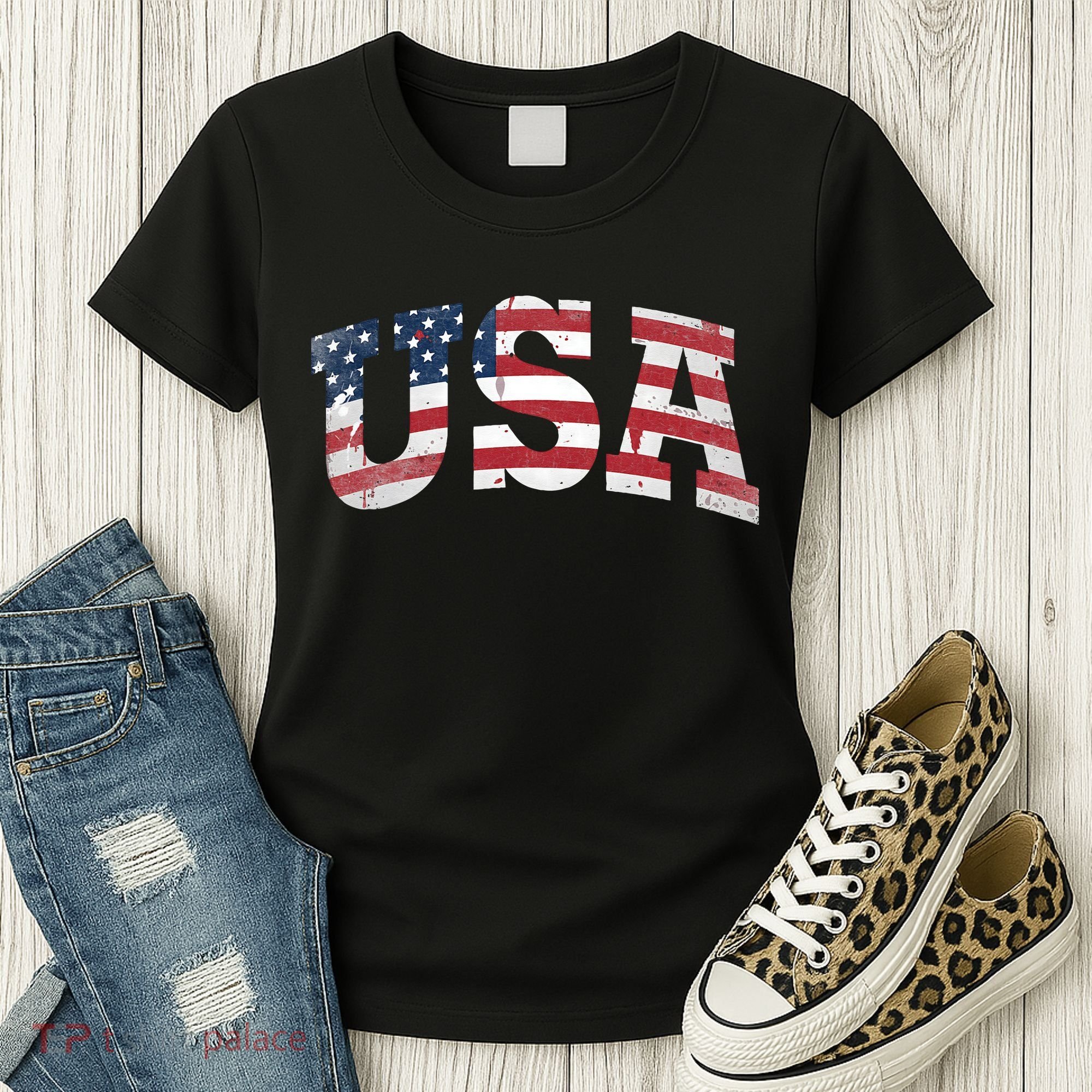USA  Patriotic American Flag Distressed Women's T-Shirt