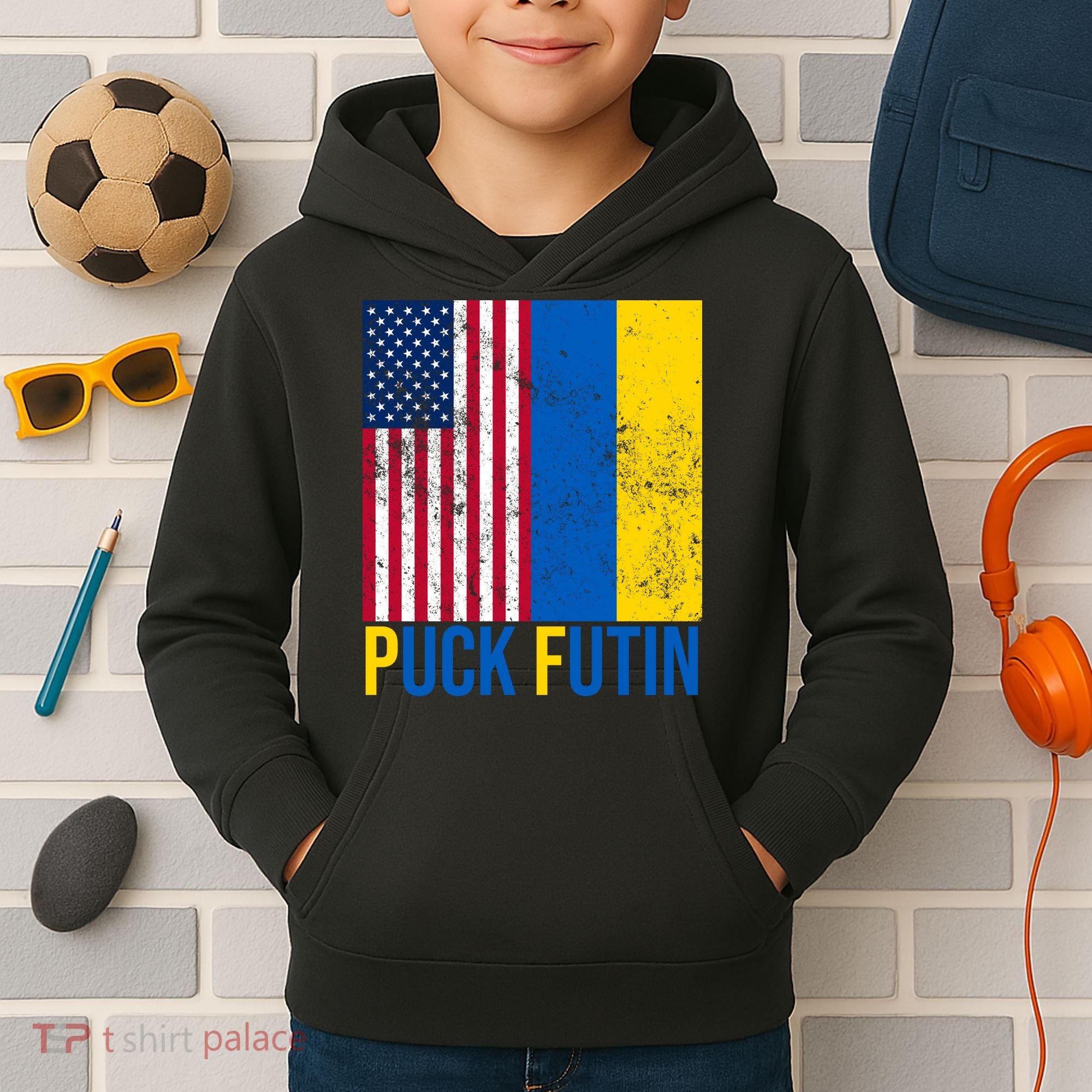 Ukraine Puck Futin USA Flag Kids Hoodie