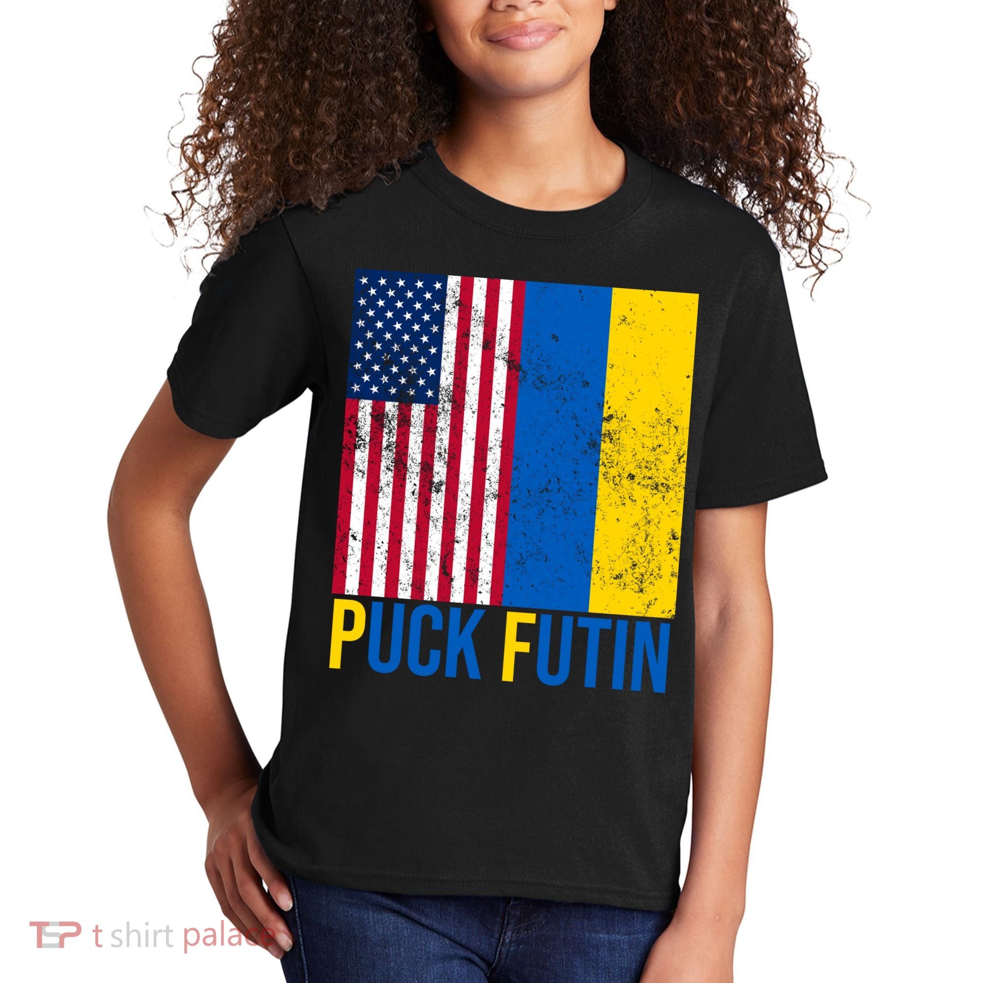 Ukraine Puck Futin USA Flag Kids T-Shirt