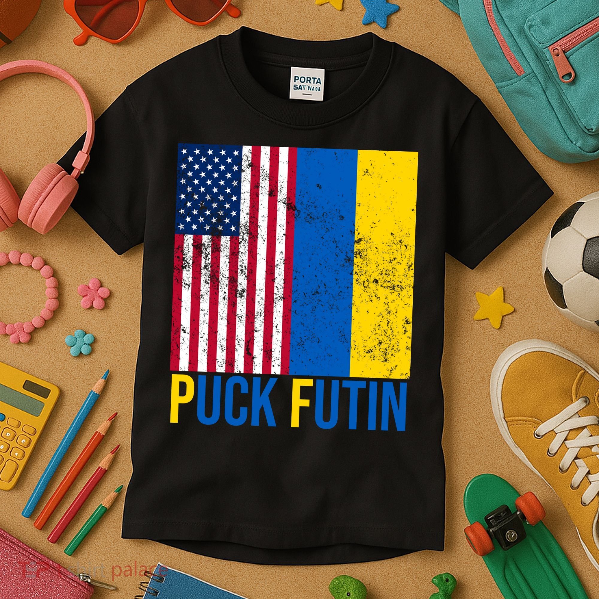 Ukraine Puck Futin USA Flag Kids T-Shirt