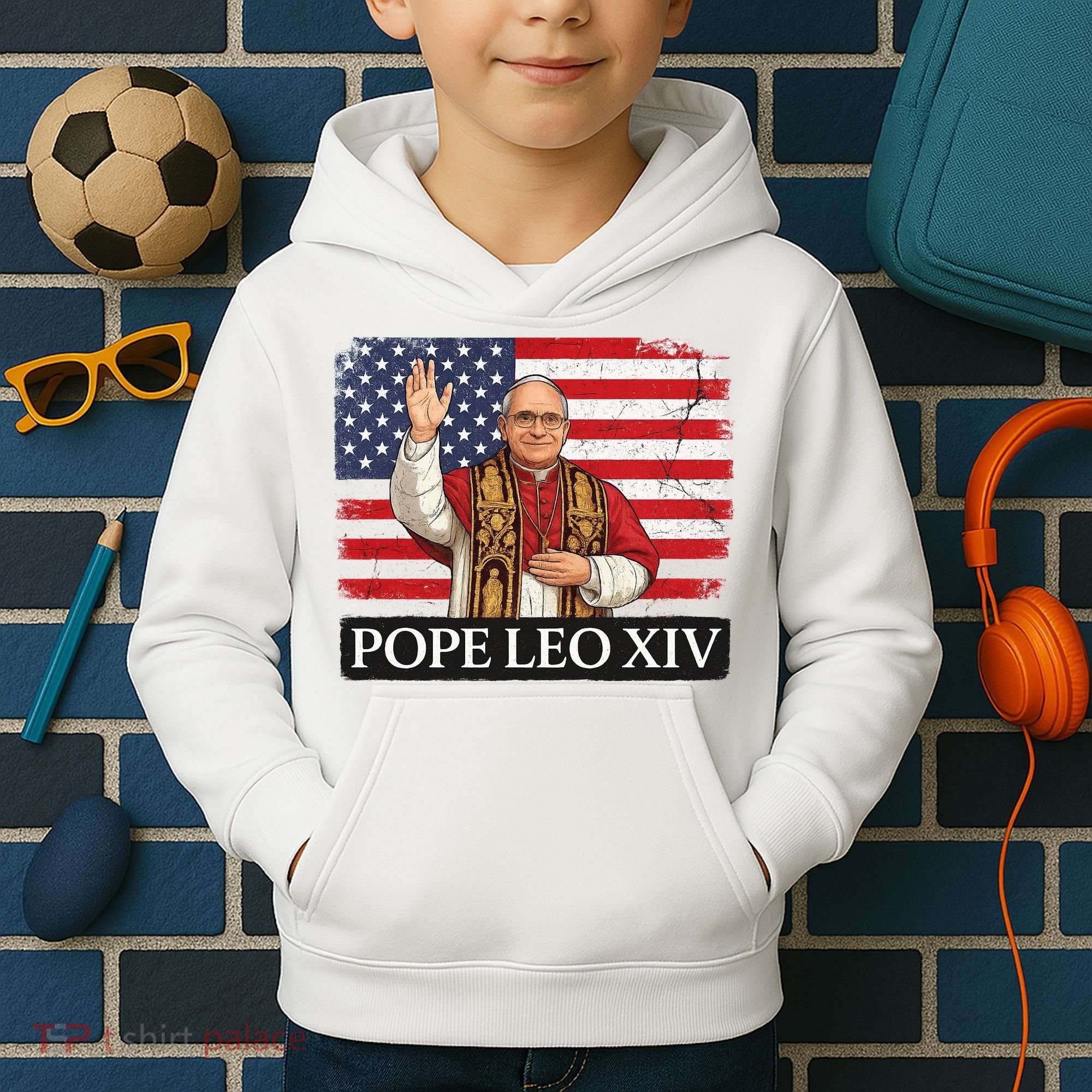 USA Pope Leo XIV Robert American Flag Kids Hoodie