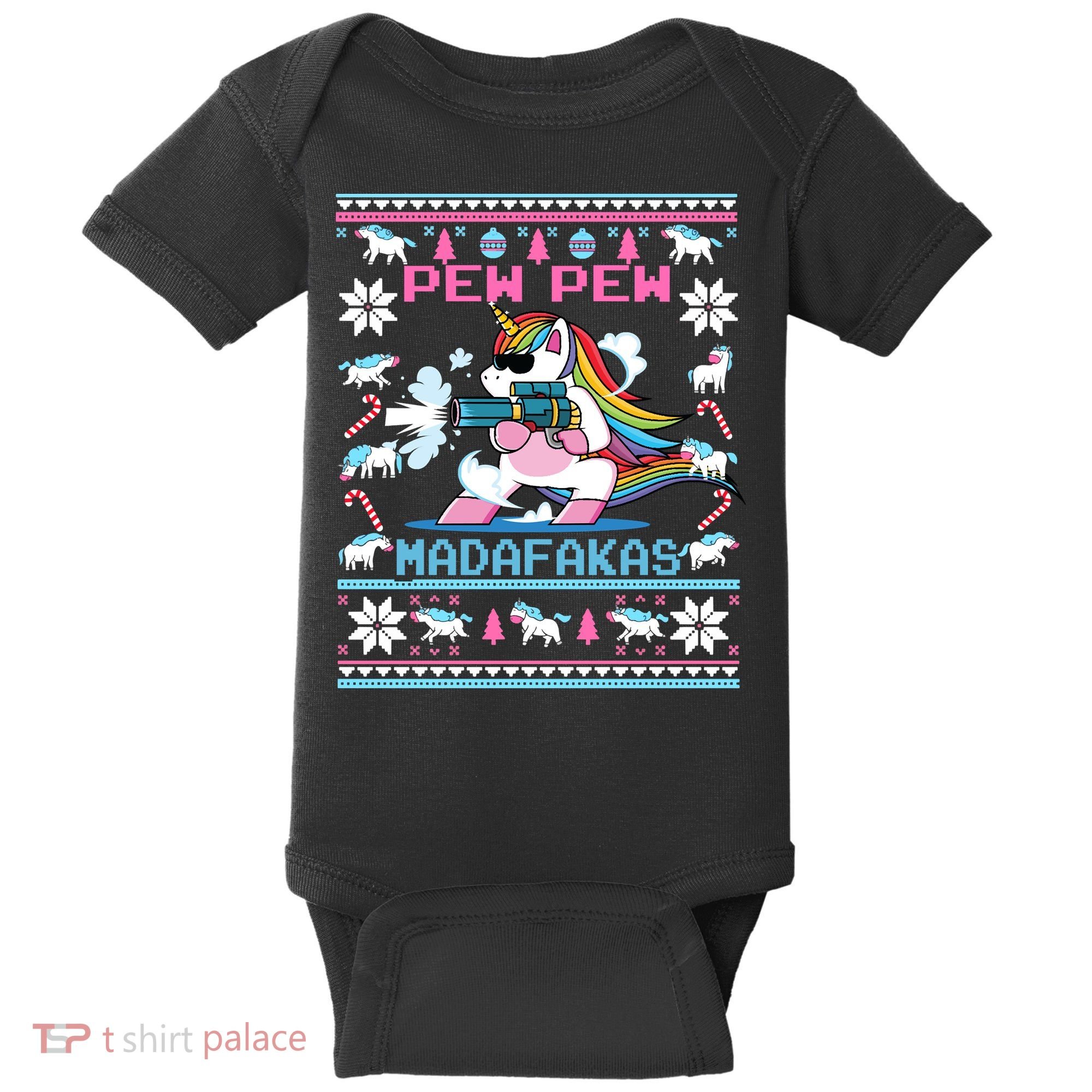 Unicorn Pew Pew Madafakas Ugly Christmas Sweater Baby Bodysuit