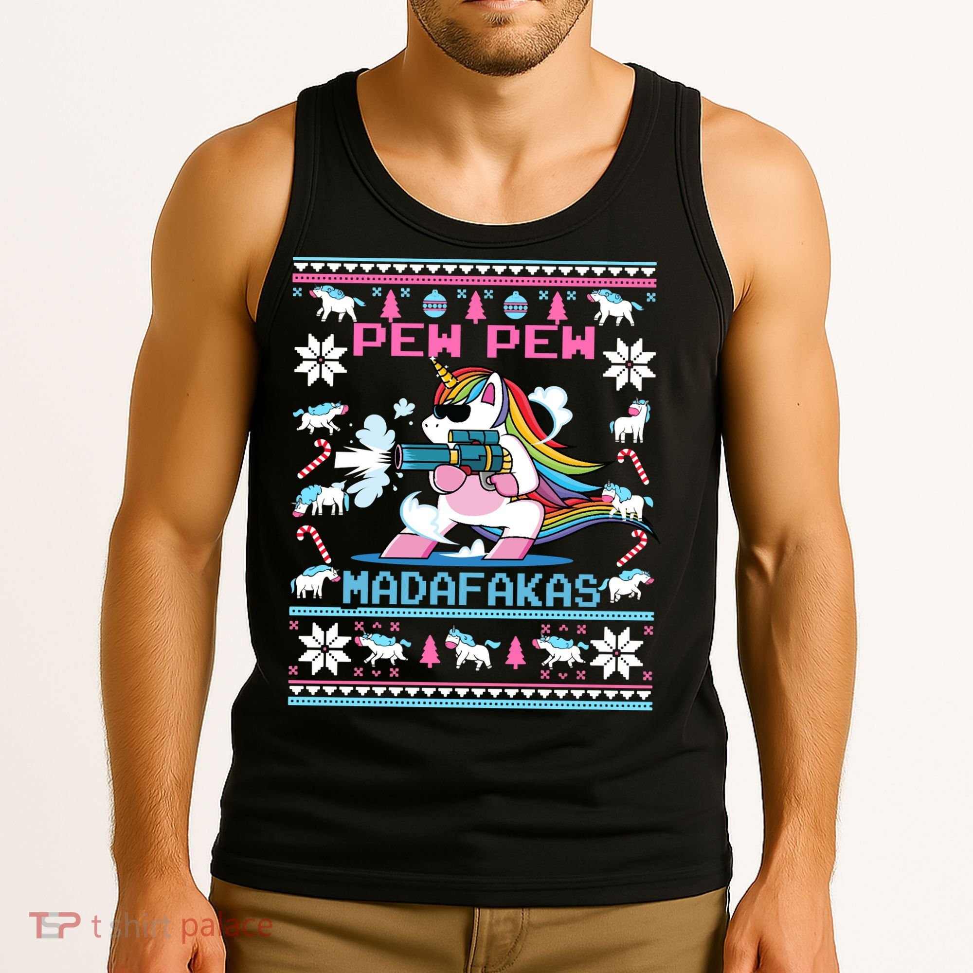 Unicorn Pew Pew Madafakas Ugly Christmas Sweater Tank Top