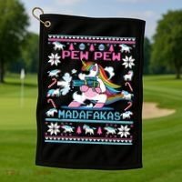 Unicorn Pew Pew Madafakas Ugly Christmas Sweater Golf Towel thumb 1