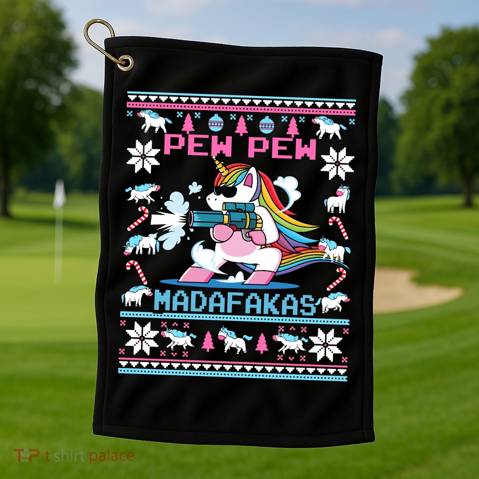 Unicorn Pew Pew Madafakas Ugly Christmas Sweater Golf Towel