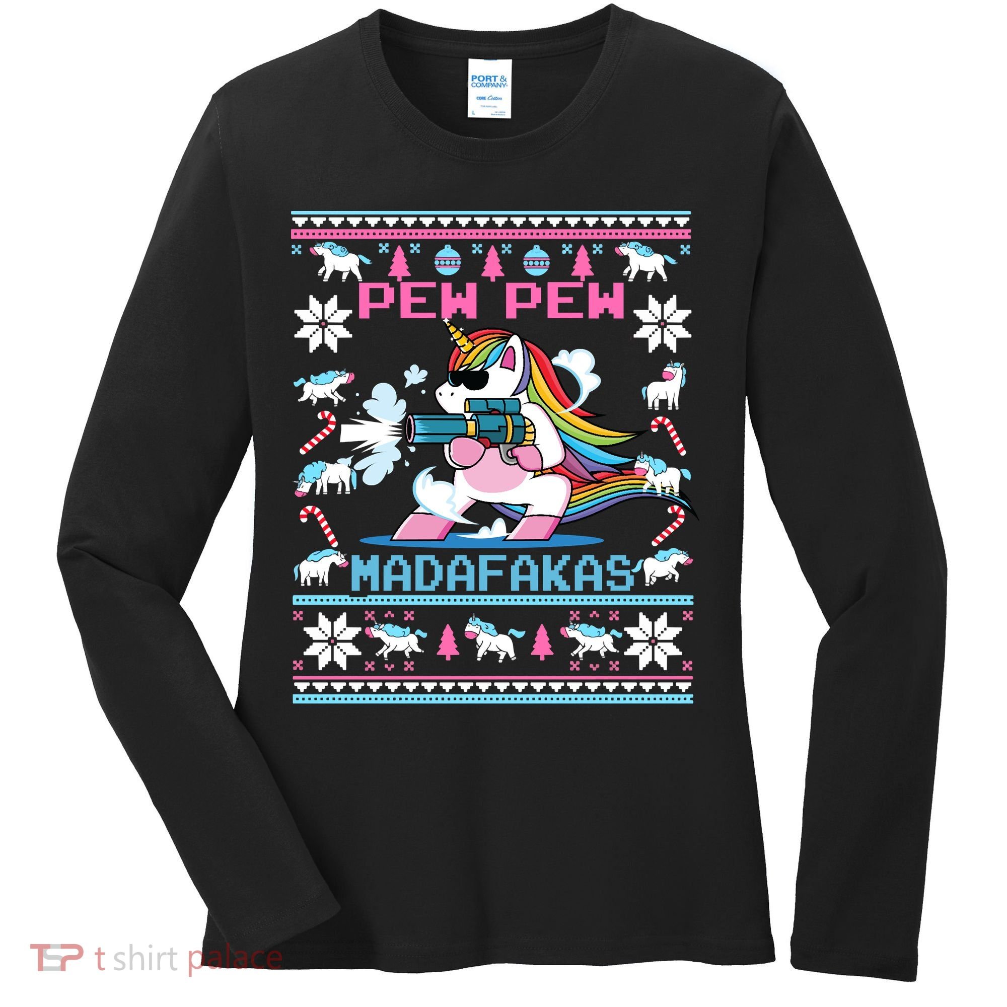 Unicorn Pew Pew Madafakas Ugly Christmas Sweater Women's Long Sleeve Shirt