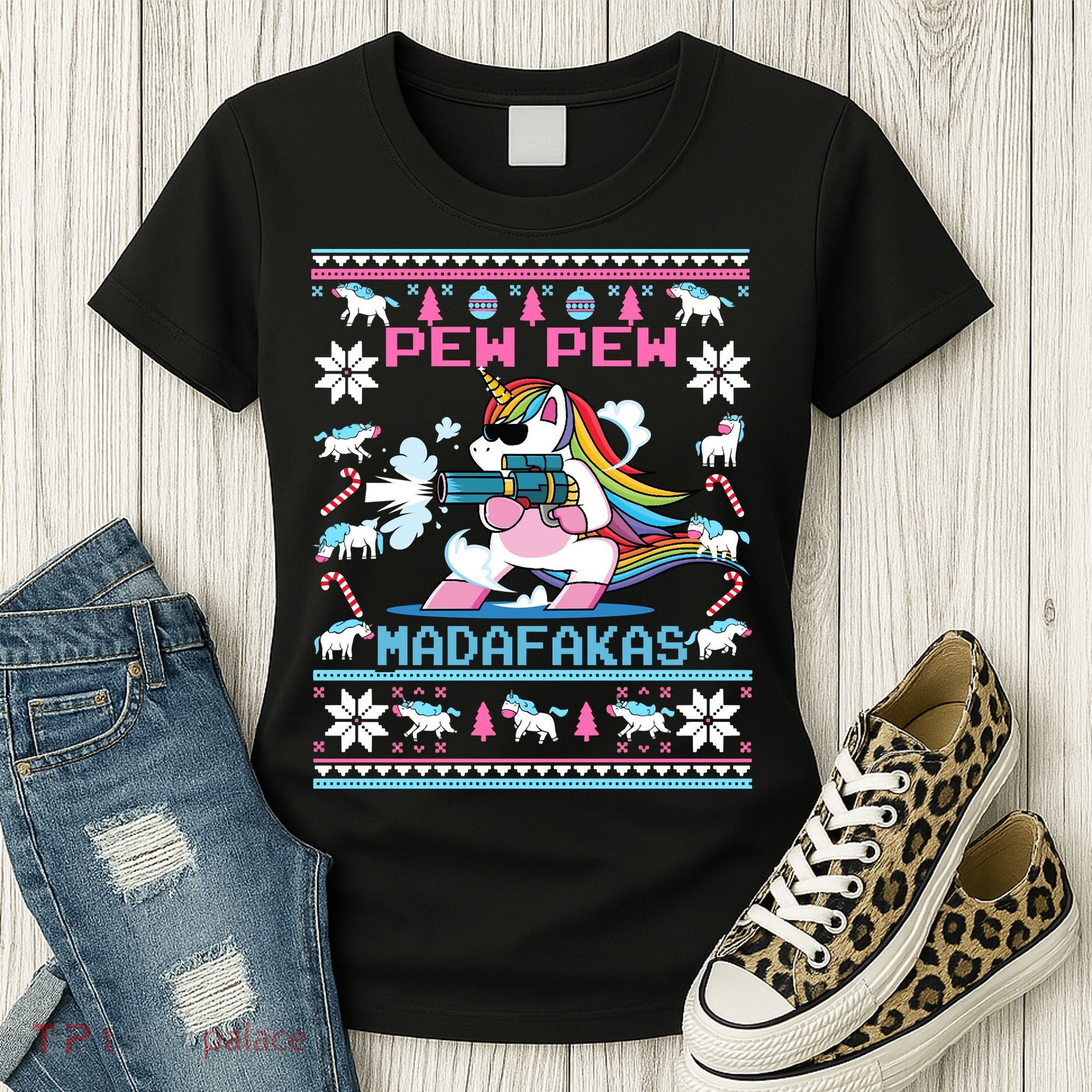 Unicorn Pew Pew Madafakas Ugly Christmas Sweater Women's T-Shirt