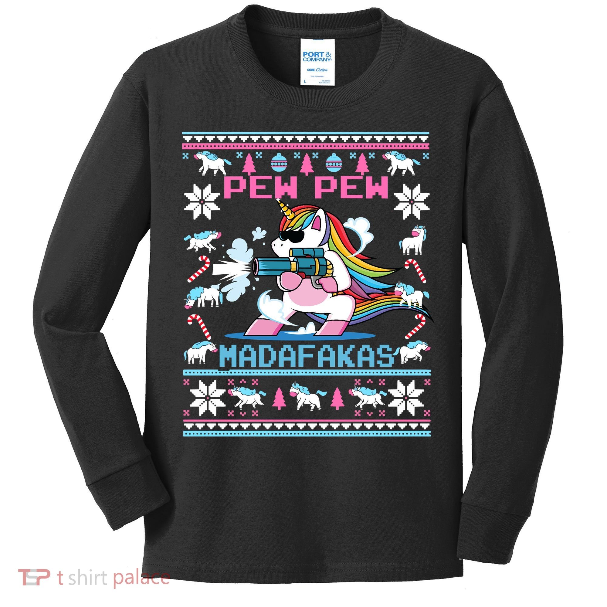 Unicorn Pew Pew Madafakas Ugly Christmas Sweater Kids Long Sleeve Shirt