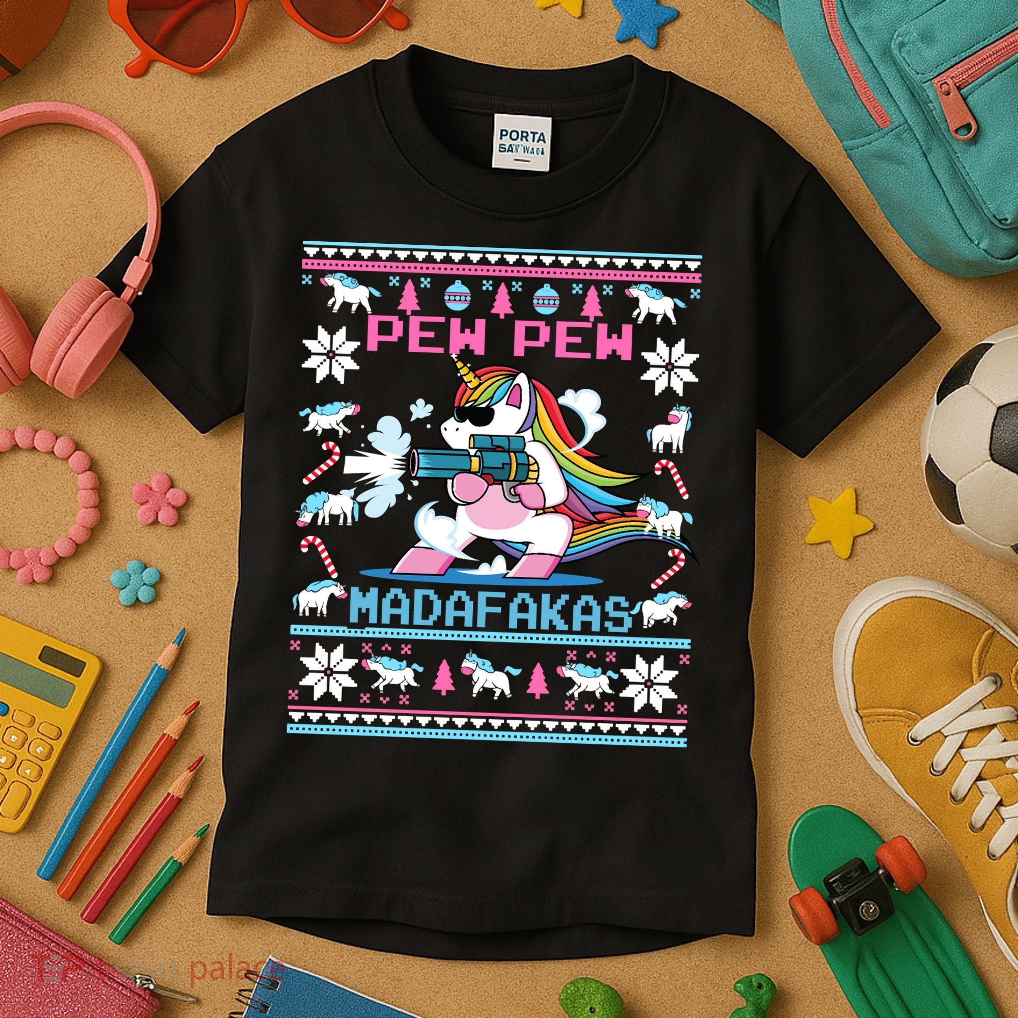 Unicorn Pew Pew Madafakas Ugly Christmas Sweater Kids T-Shirt
