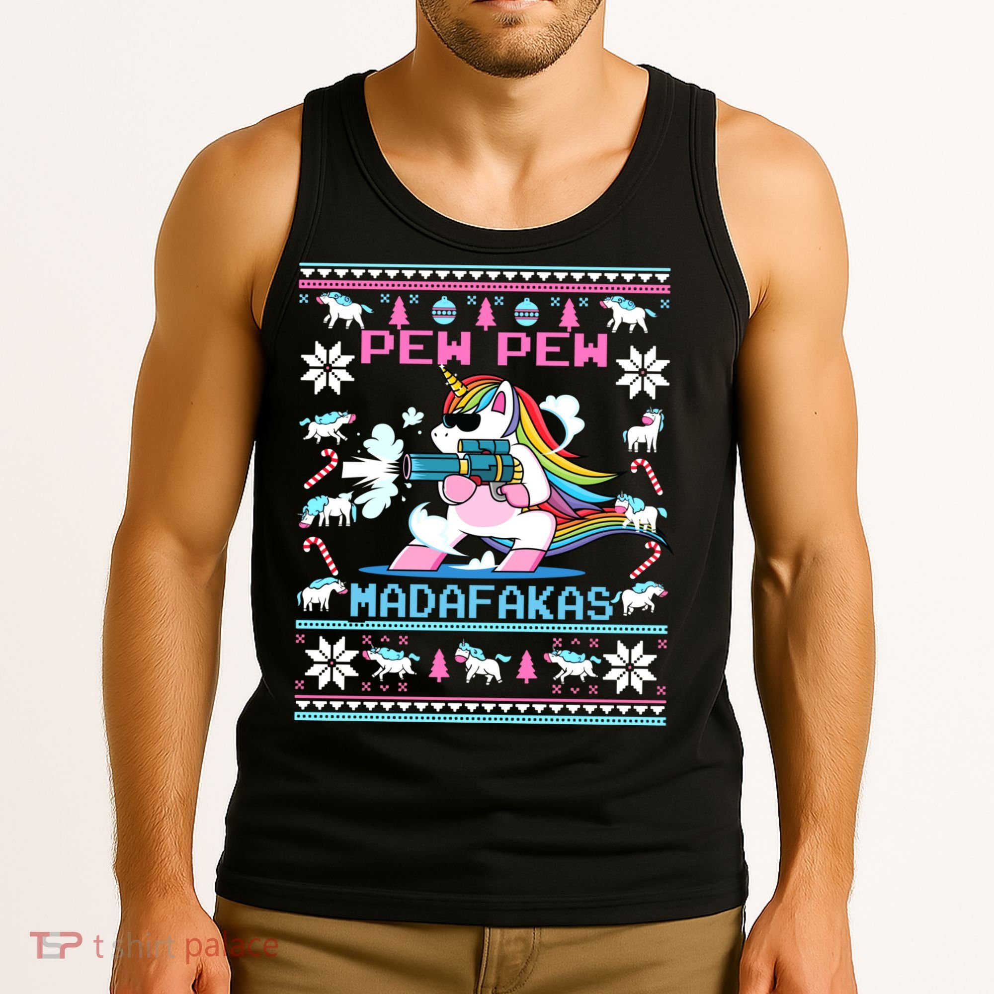 Unicorn Pew Pew Madafakas Ugly Christmas Sweater Tank Top