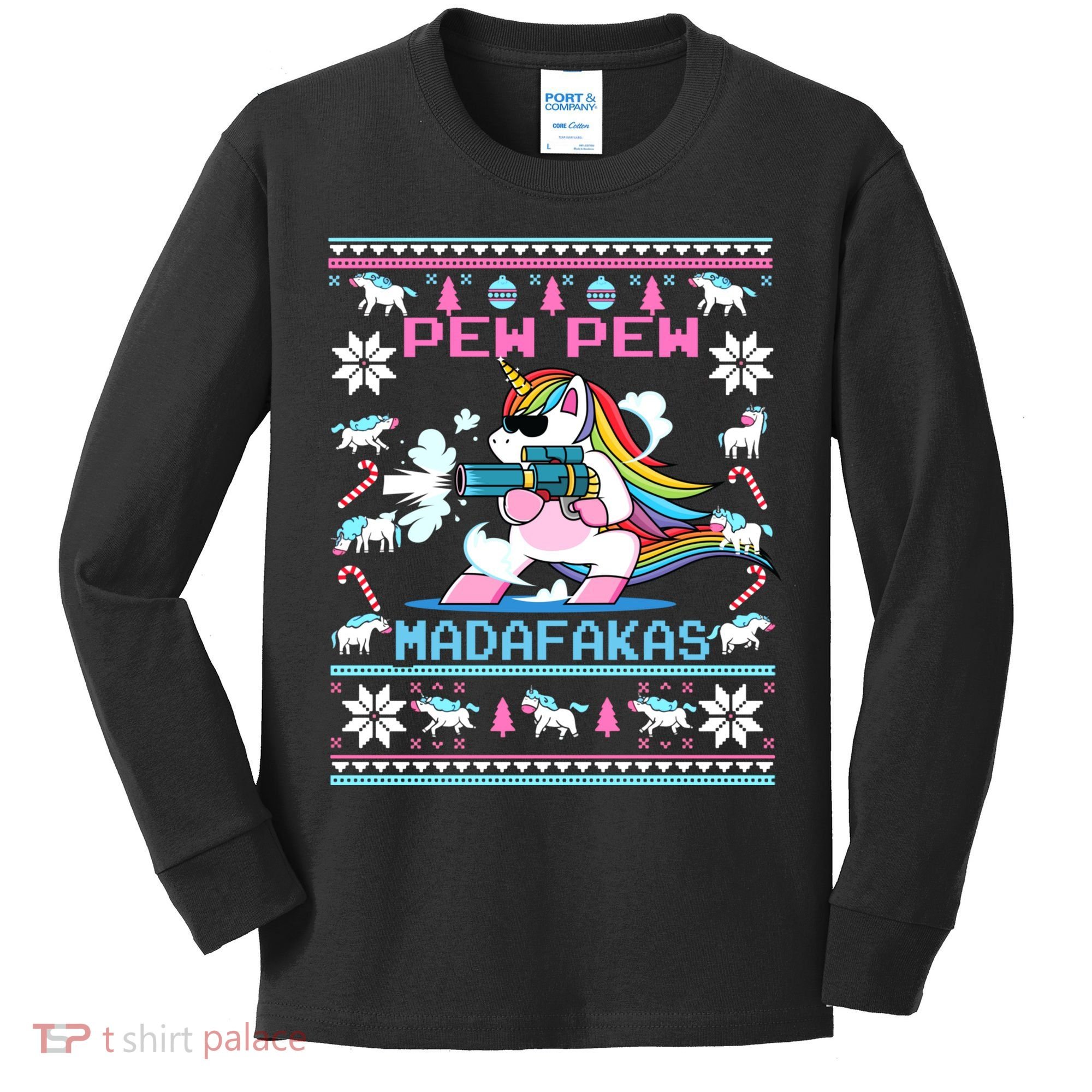Unicorn Pew Pew Madafakas Ugly Christmas Sweater Kids Long Sleeve Shirt