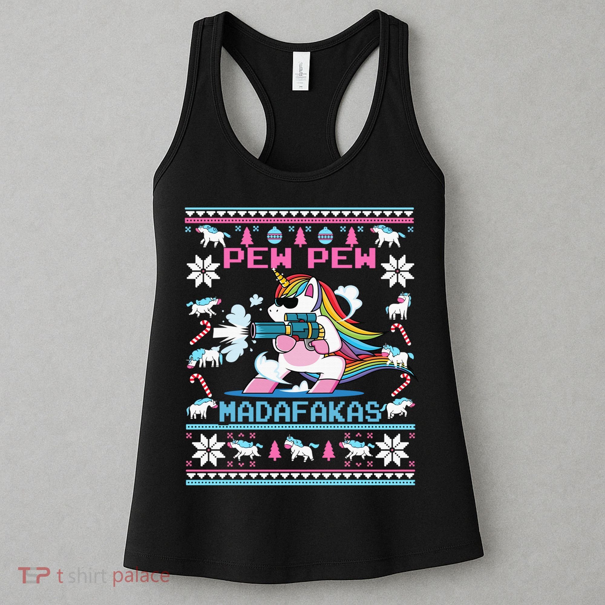 Unicorn Pew Pew Madafakas Ugly Christmas Sweater Women's Tank Top