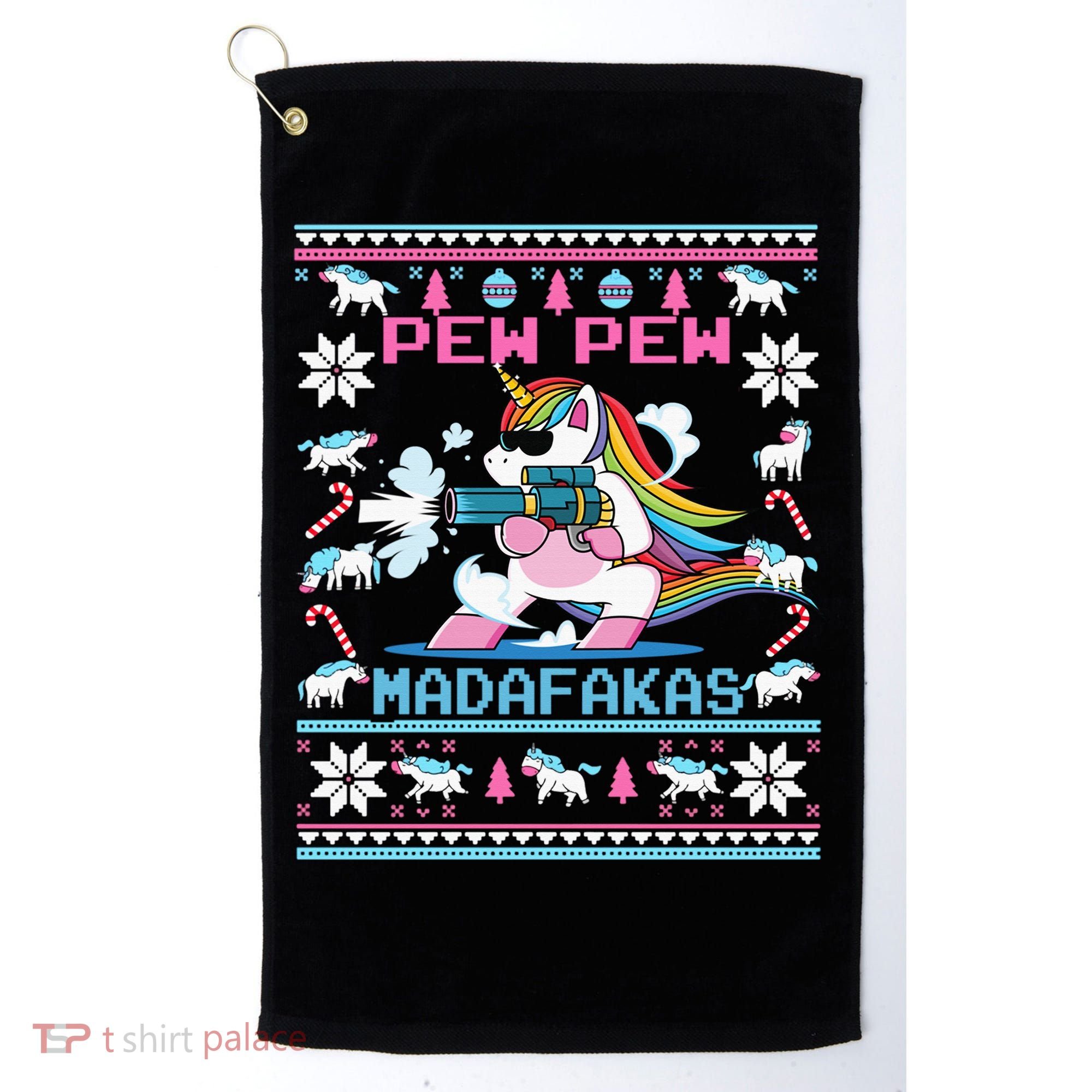 Unicorn Pew Pew Madafakas Ugly Christmas Sweater Golf Towel