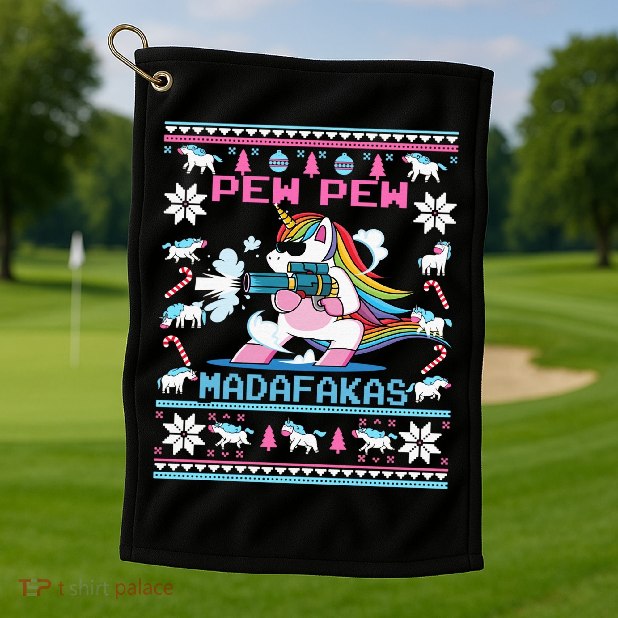 Unicorn Pew Pew Madafakas Ugly Christmas Sweater Golf Towel