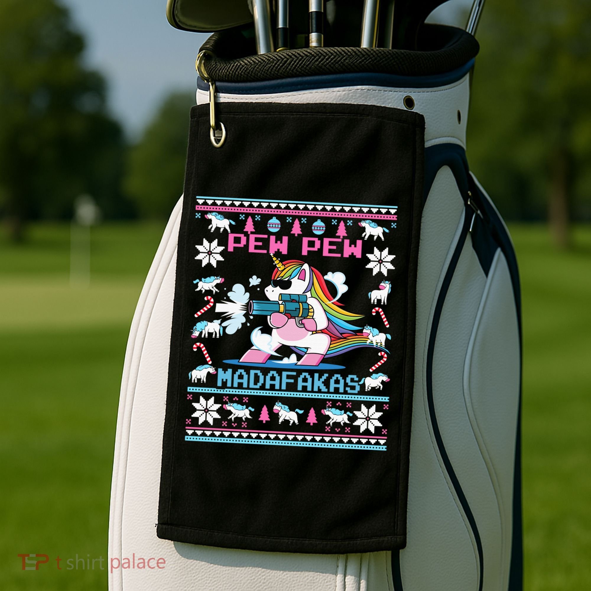 Unicorn Pew Pew Madafakas Ugly Christmas Sweater Golf Towel