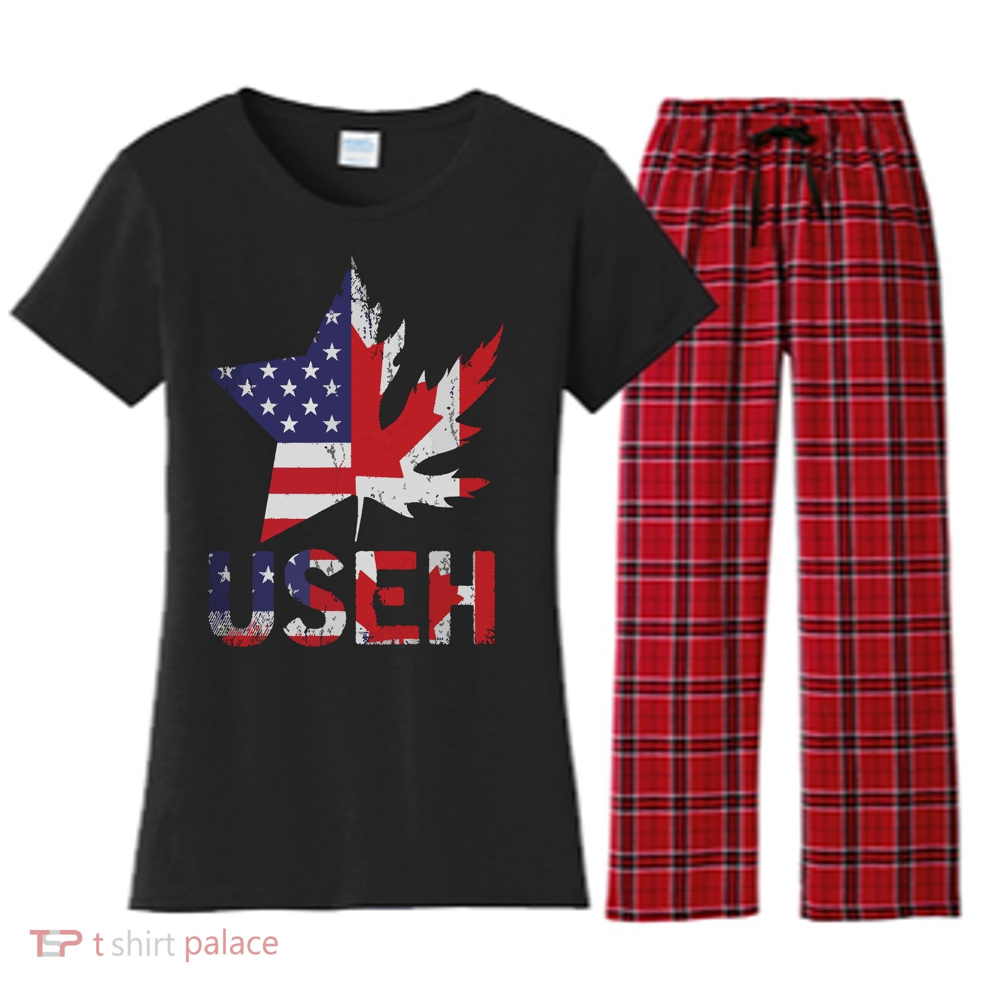 USEH Patriotic USA Star Canadian Maple Leaf Canada Women's Flannel Pajama Set