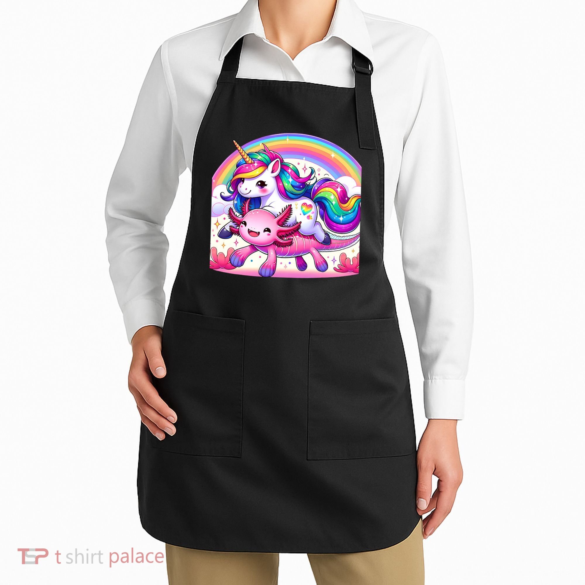 Unicorn Riding Axolotl Kawaii Rainbow Apron