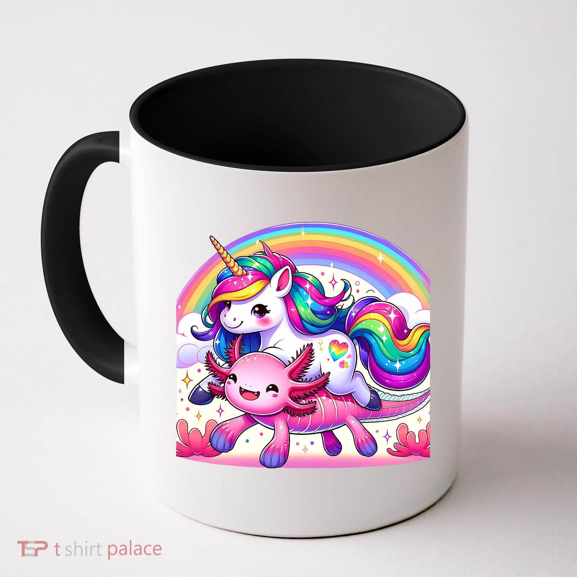 Unicorn Riding Axolotl Kawaii Rainbow Coffee Mug