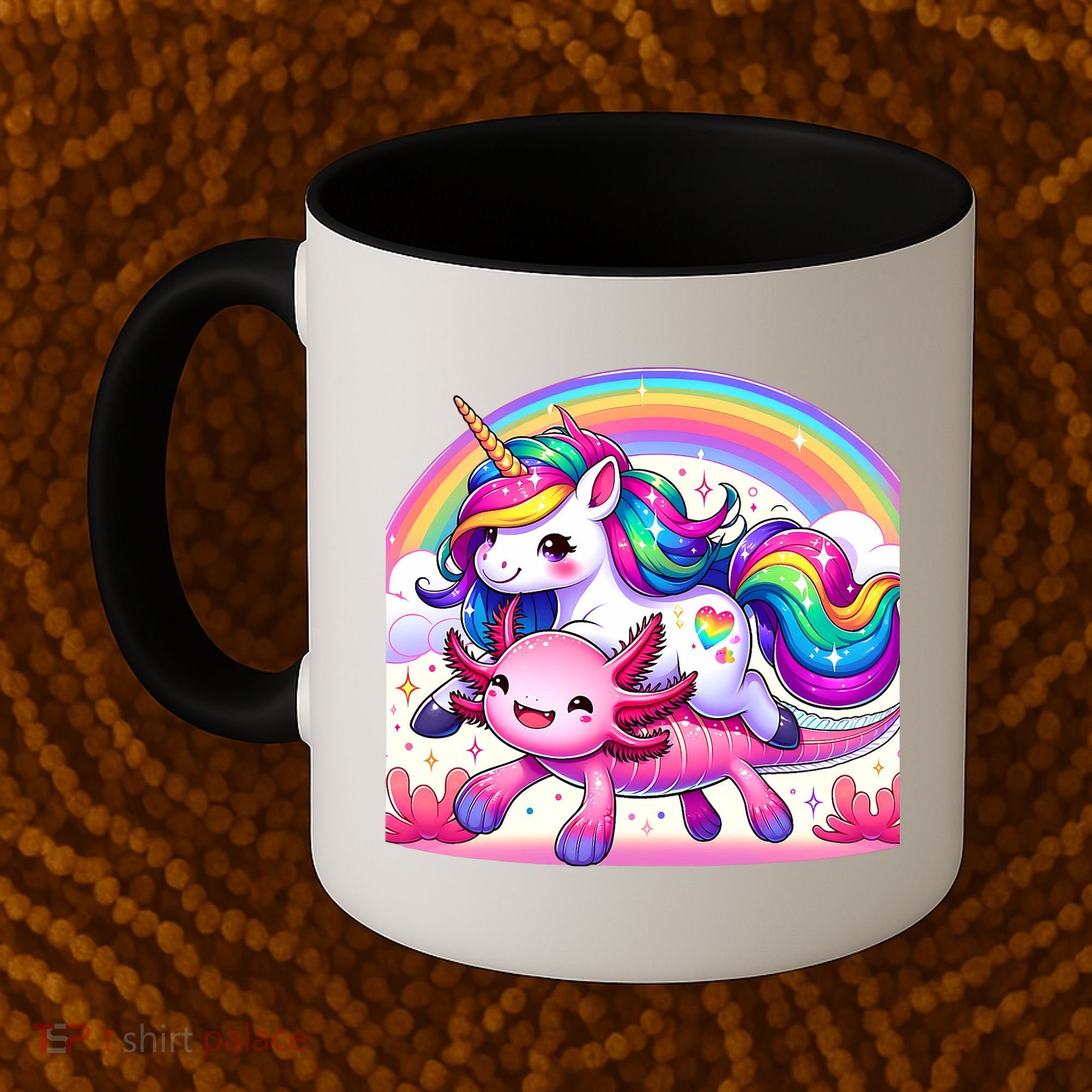 Unicorn Riding Axolotl Kawaii Rainbow Coffee Mug