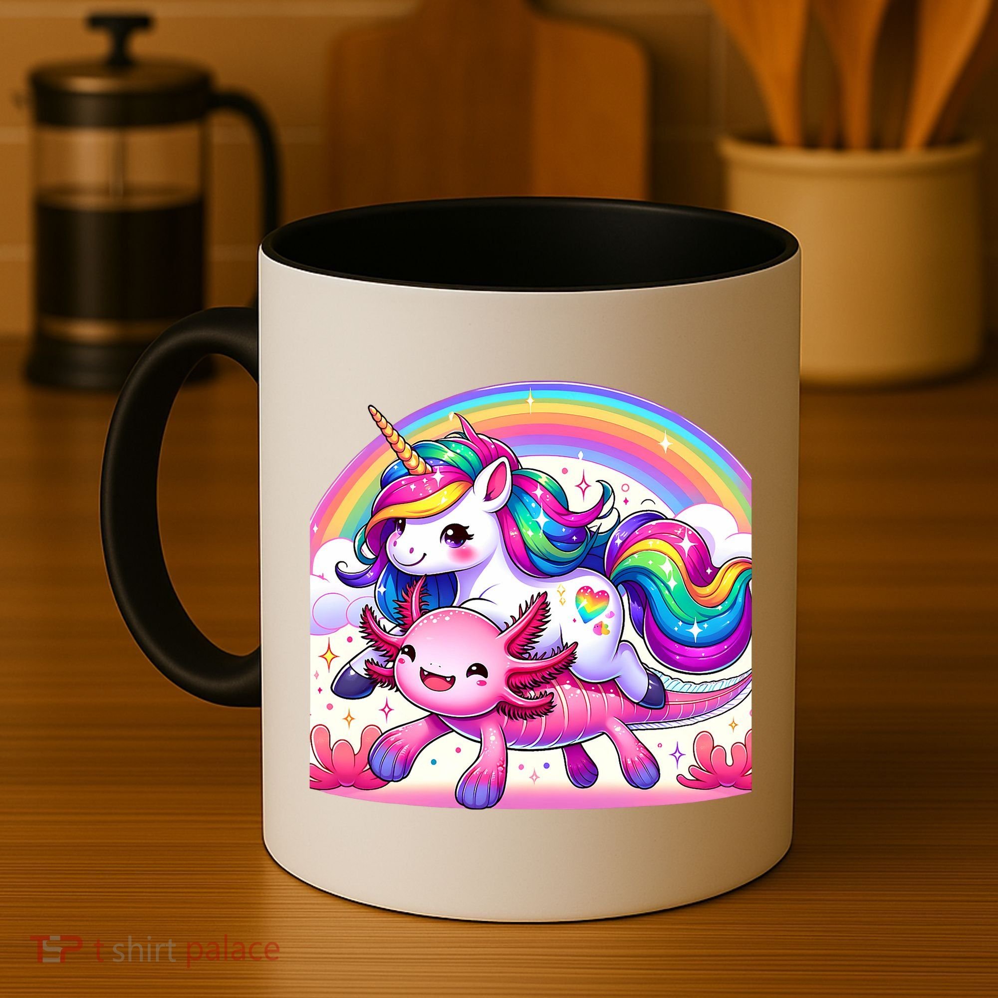 Unicorn Riding Axolotl Kawaii Rainbow Coffee Mug