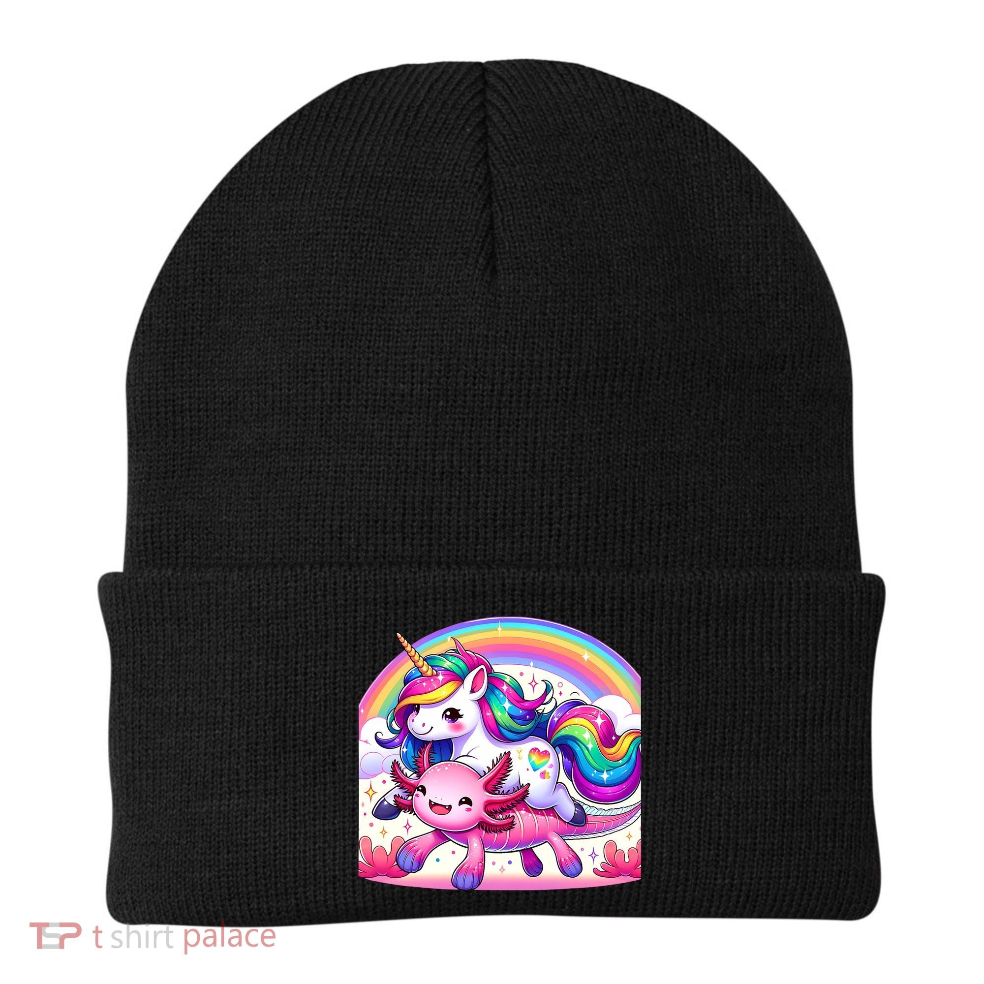 Unicorn Riding Axolotl Kawaii Rainbow Beanie