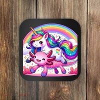 Unicorn Riding Axolotl Kawaii Rainbow Coaster thumb 0