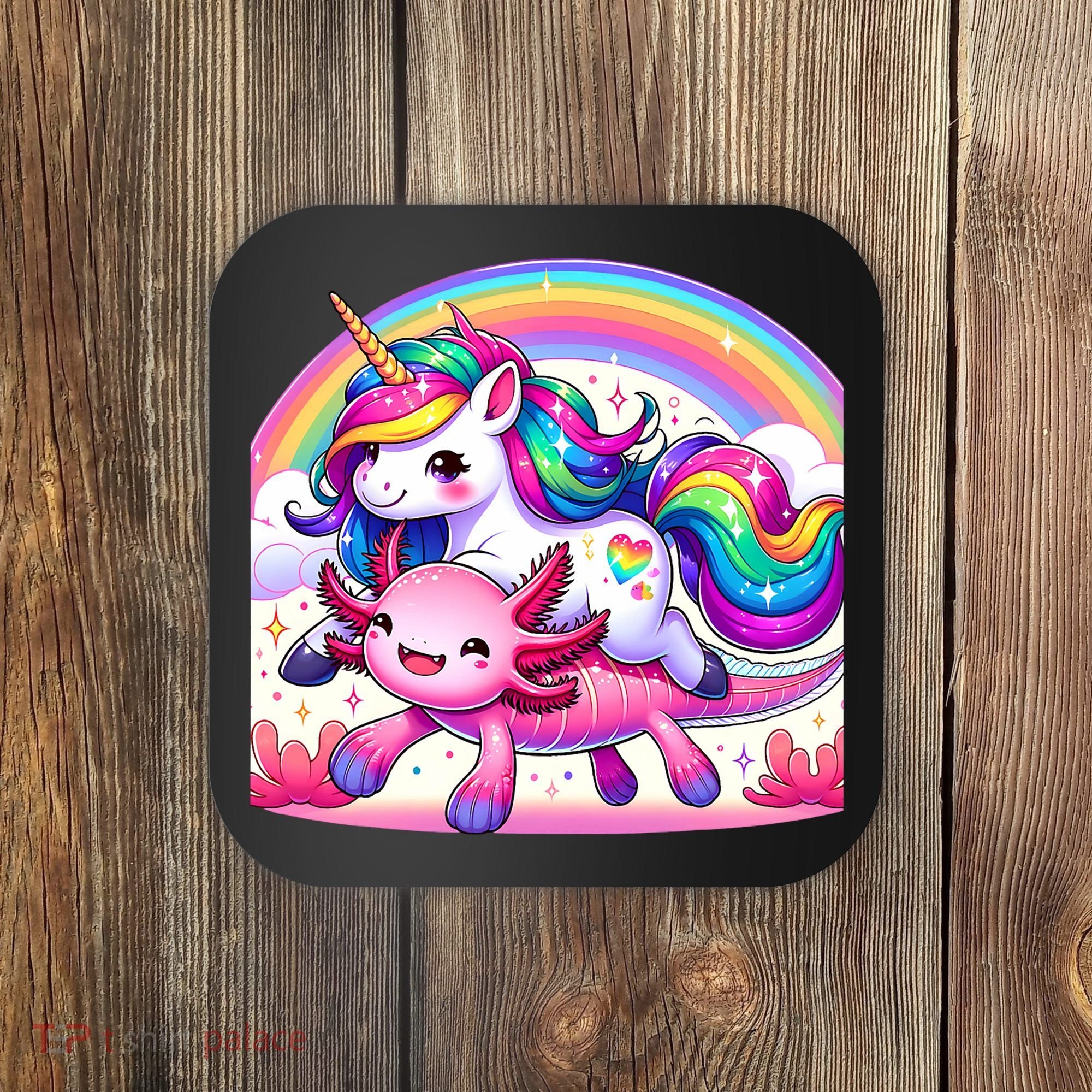 Unicorn Riding Axolotl Kawaii Rainbow Coaster
