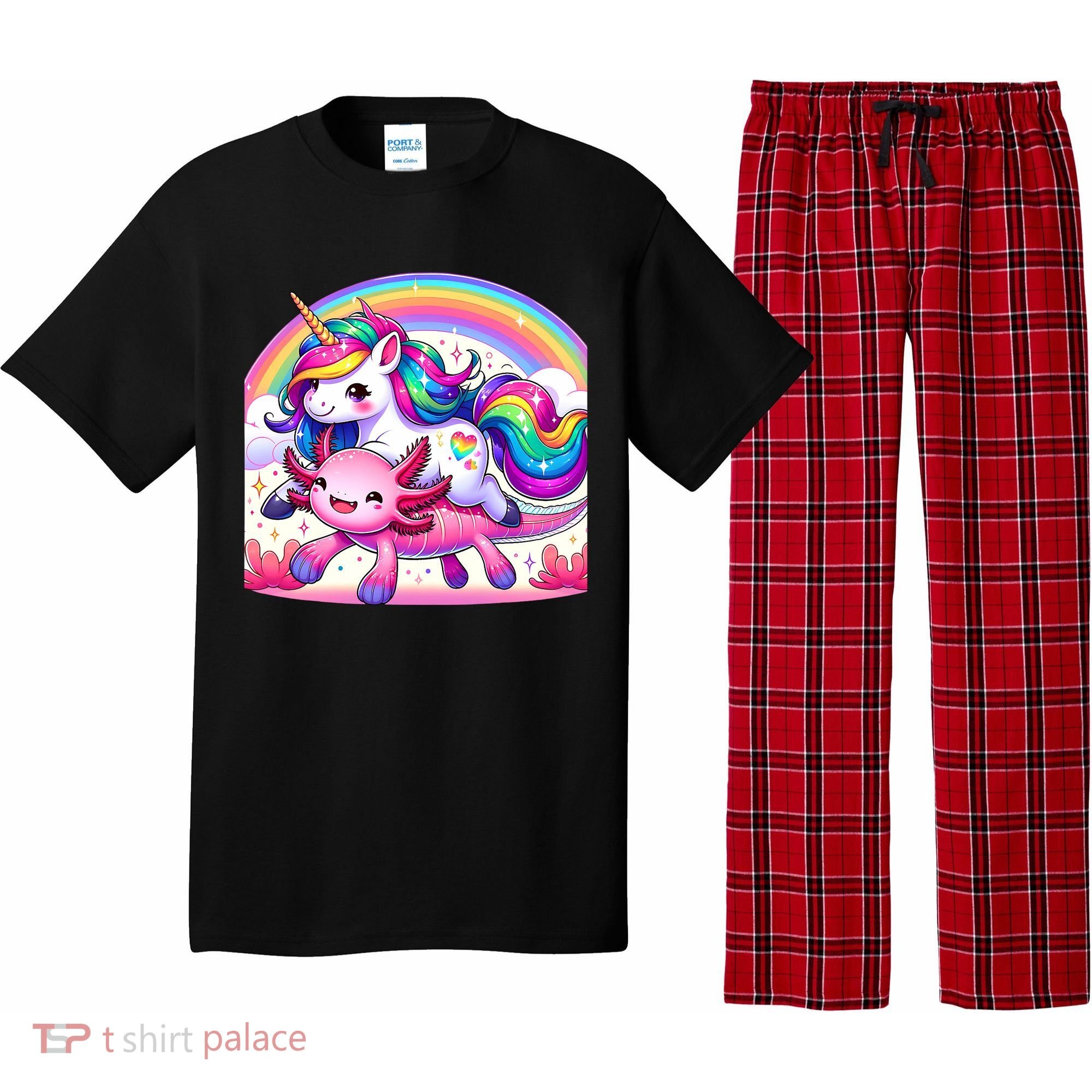 Unicorn Riding Axolotl Kawaii Rainbow Pajama Set
