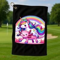 Unicorn Riding Axolotl Kawaii Rainbow Golf Towel thumb 1