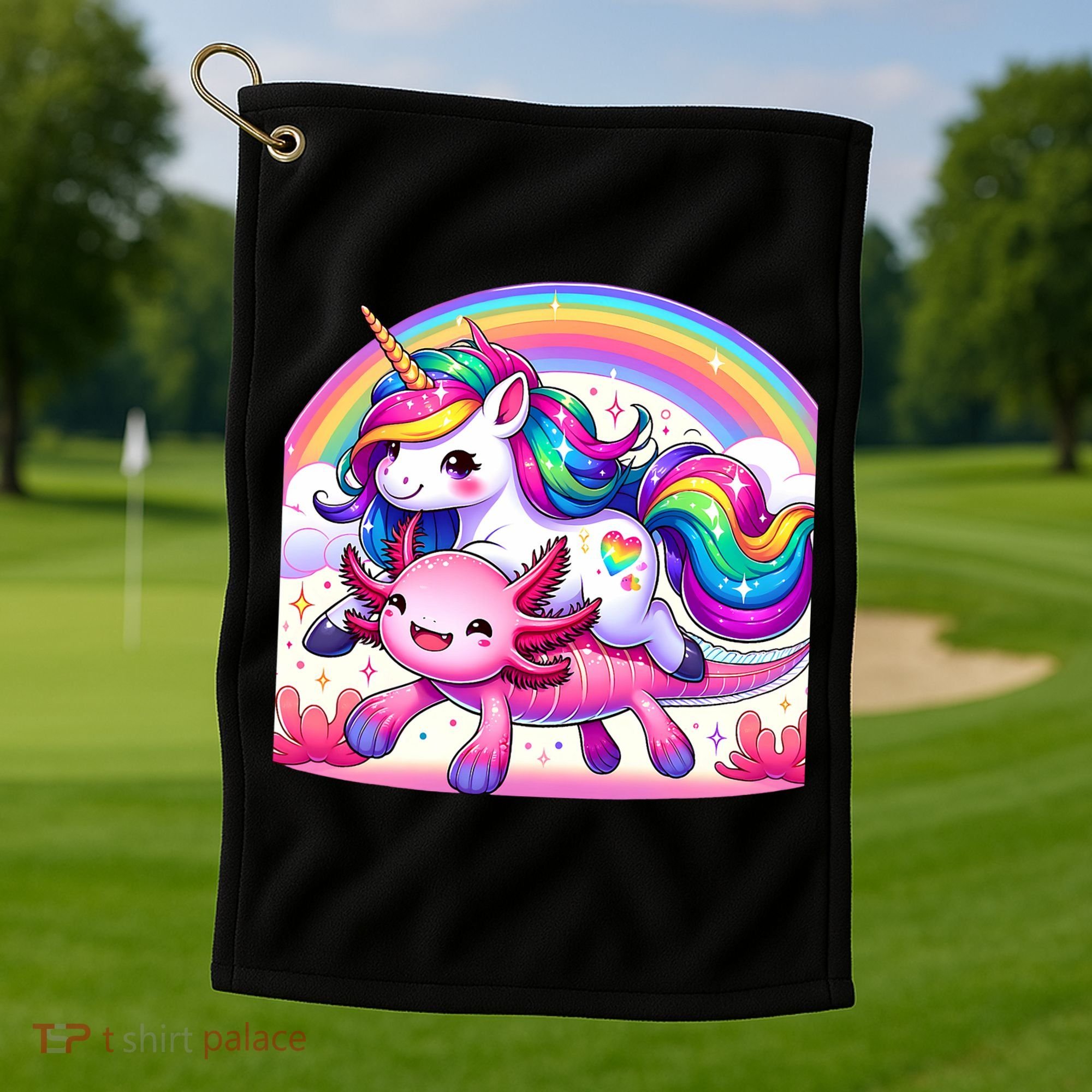 Unicorn Riding Axolotl Kawaii Rainbow Golf Towel