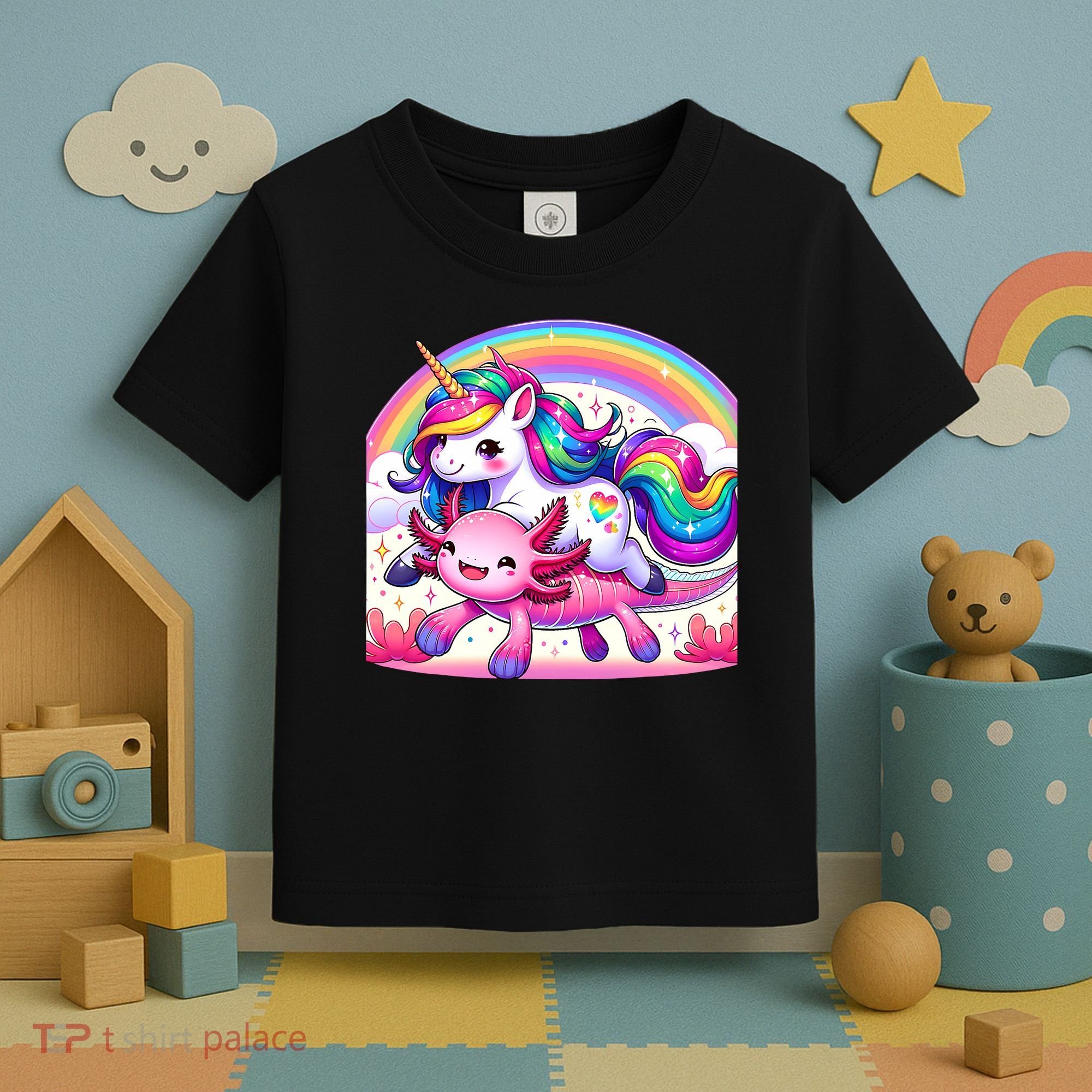 Unicorn Riding Axolotl Kawaii Rainbow Toddler T-Shirt