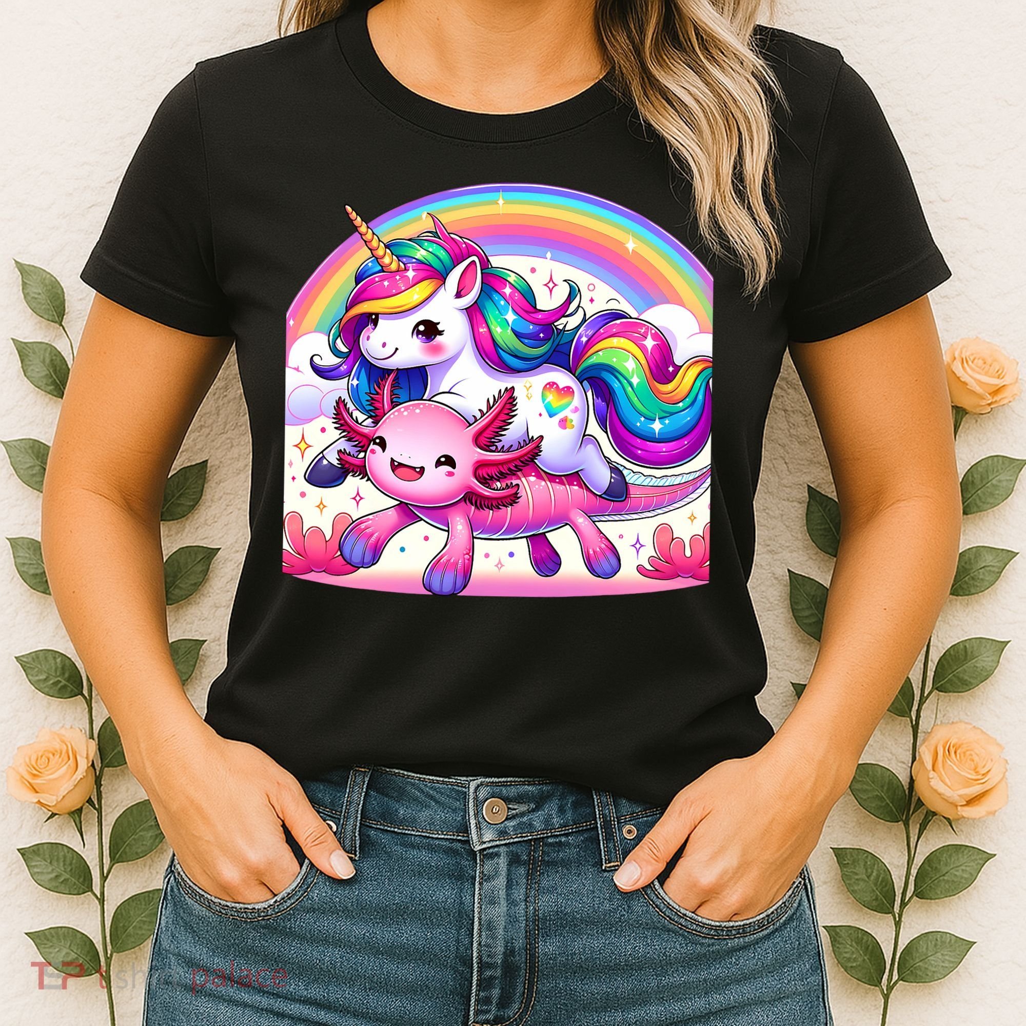 Unicorn Riding Axolotl Kawaii Rainbow Women's T-Shirt
