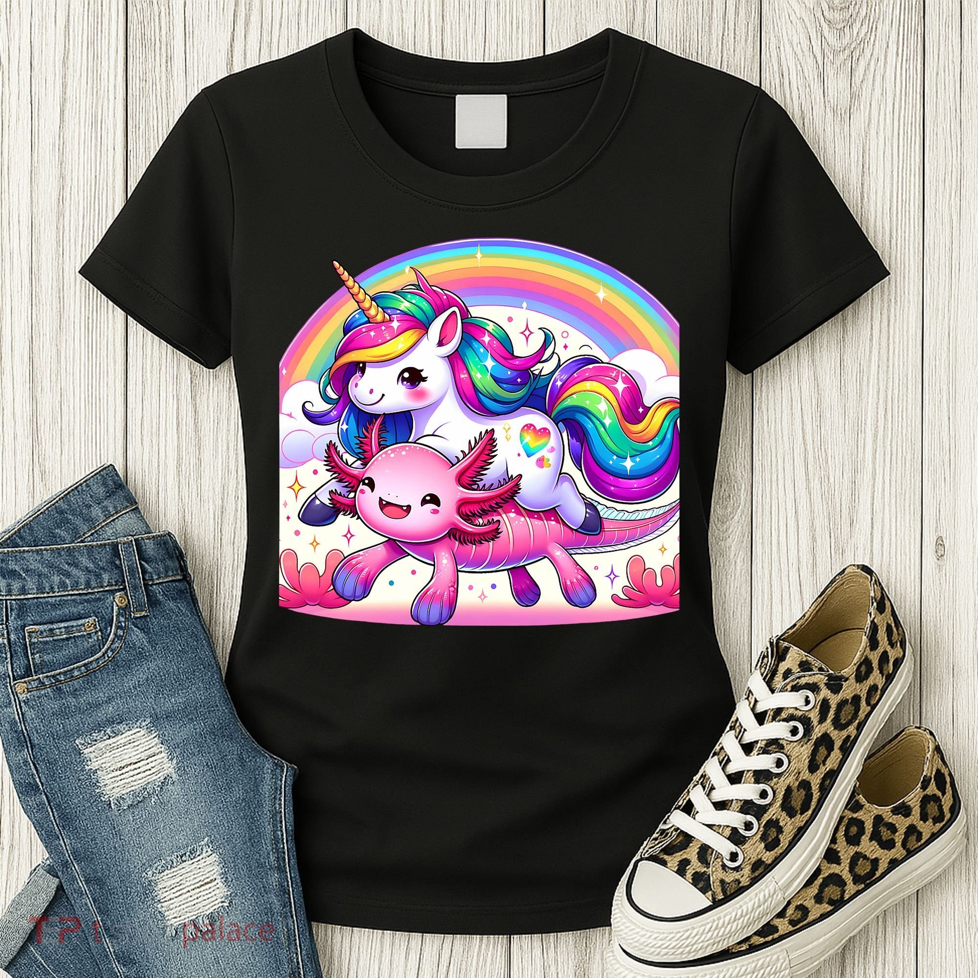 Unicorn Riding Axolotl Kawaii Rainbow Women's T-Shirt