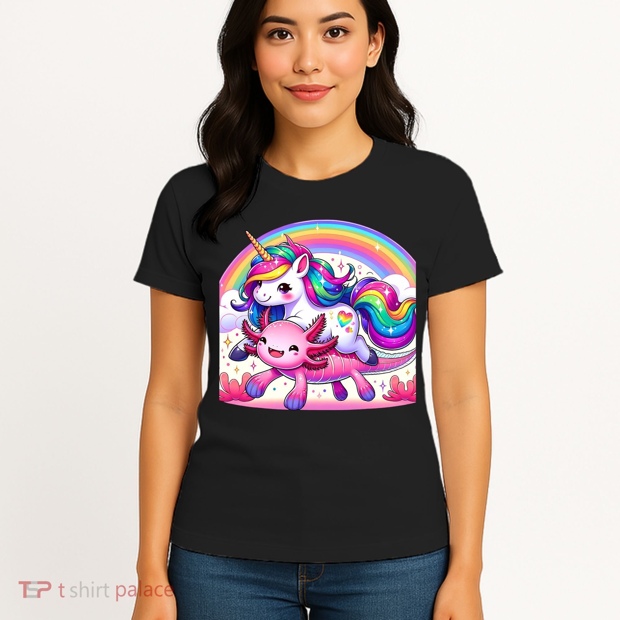 Unicorn Riding Axolotl Kawaii Rainbow Women's T-Shirt