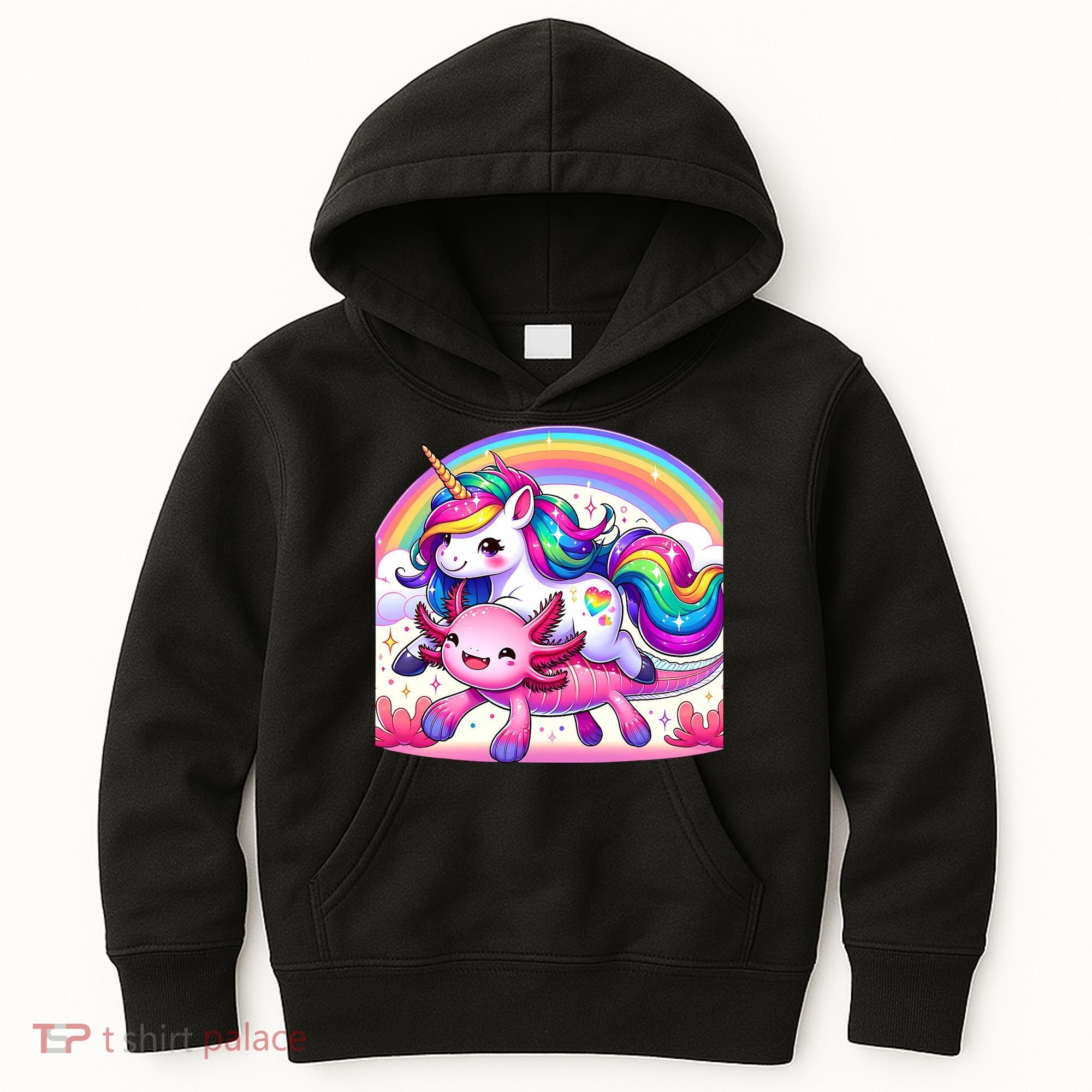 Unicorn Riding Axolotl Kawaii Rainbow Kids Hoodie