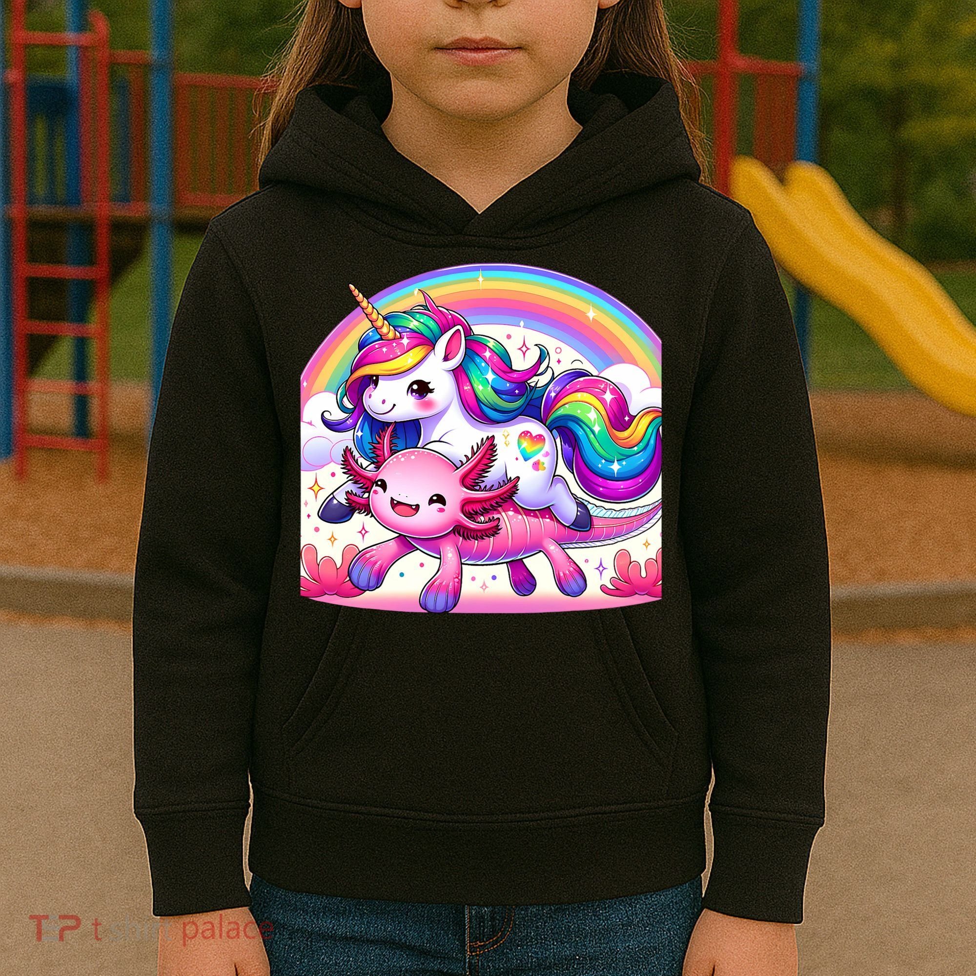 Unicorn Riding Axolotl Kawaii Rainbow Kids Hoodie