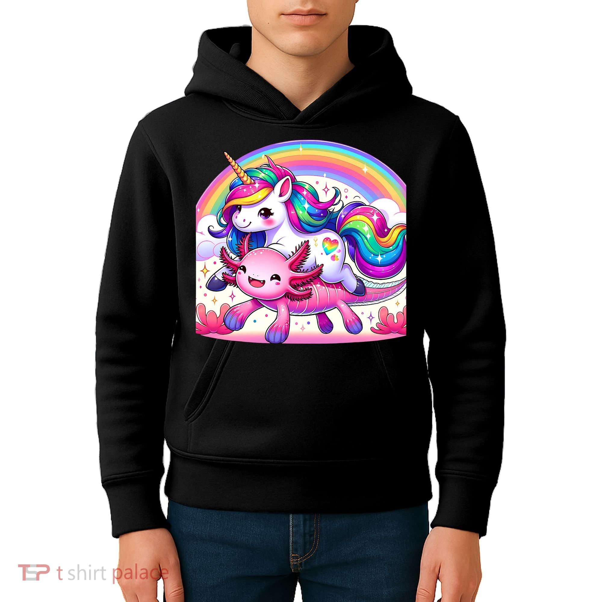 Unicorn Riding Axolotl Kawaii Rainbow Kids Hoodie