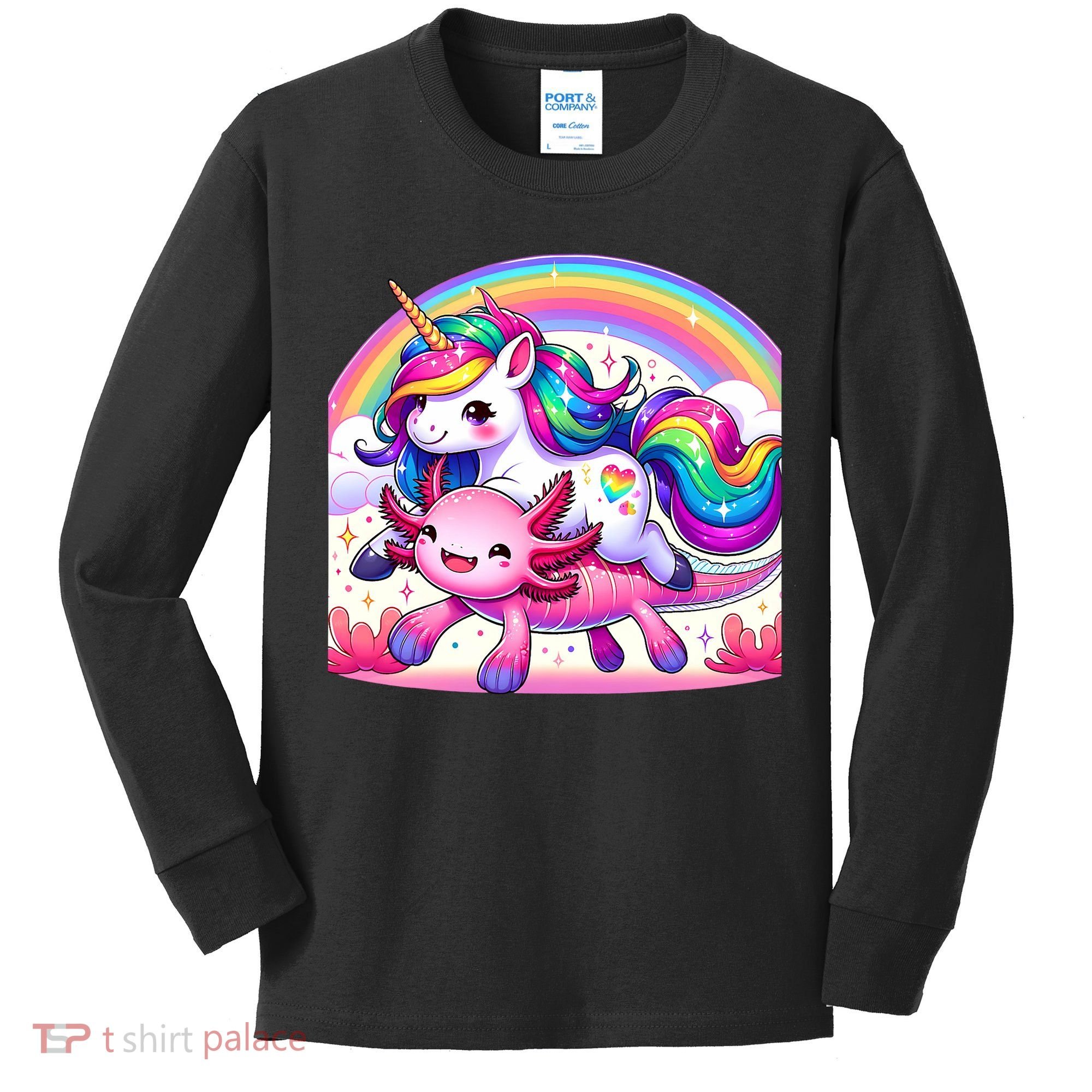 Unicorn Riding Axolotl Kawaii Rainbow Kids Long Sleeve Shirt