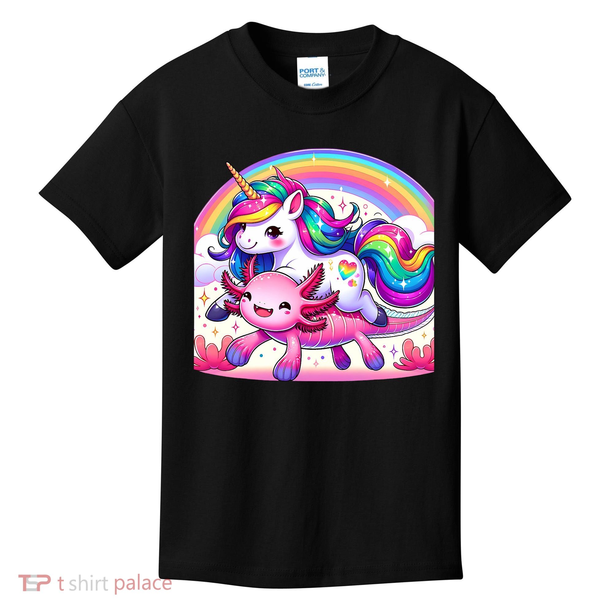 Unicorn Riding Axolotl Kawaii Rainbow Kids T-Shirt