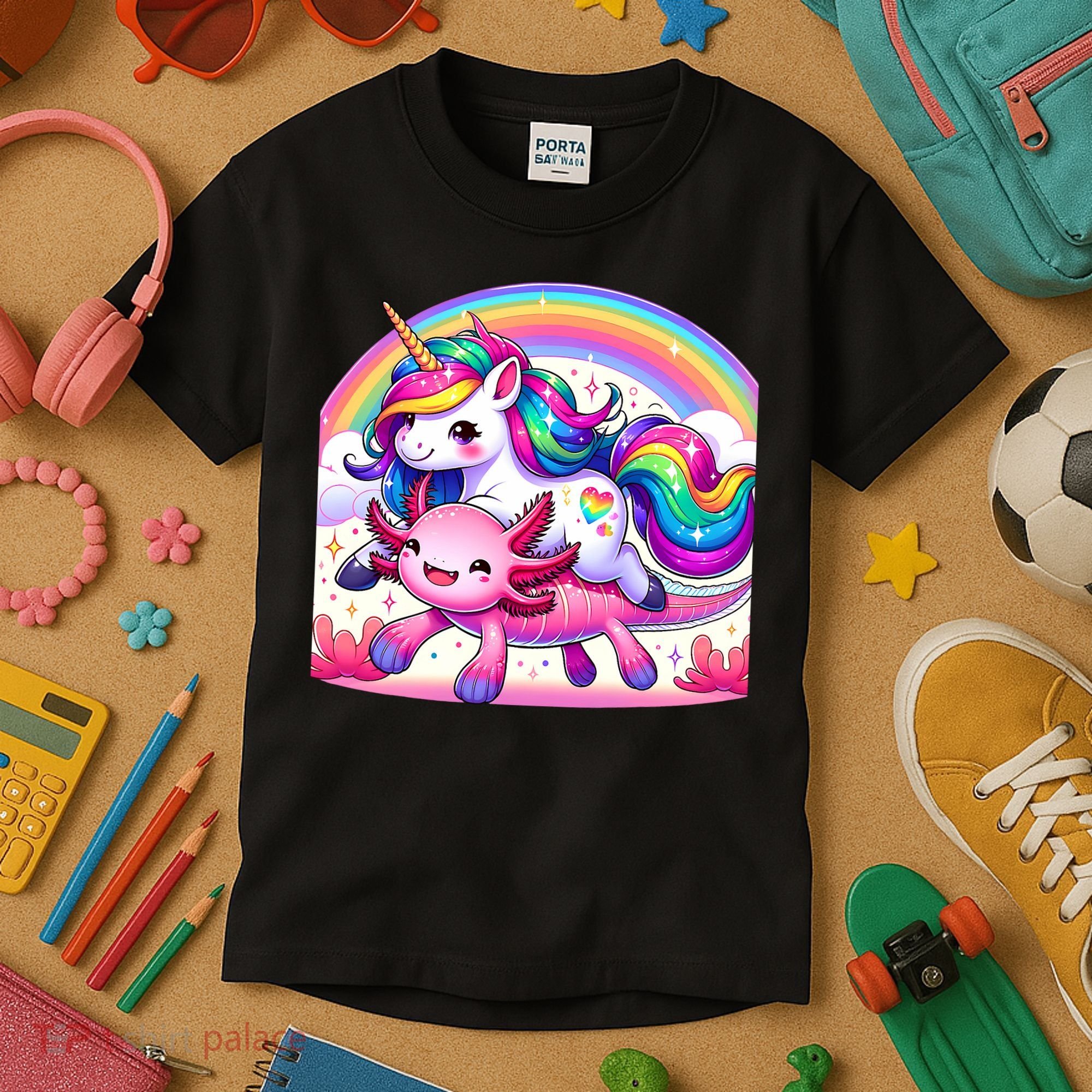 Unicorn Riding Axolotl Kawaii Rainbow Kids T-Shirt