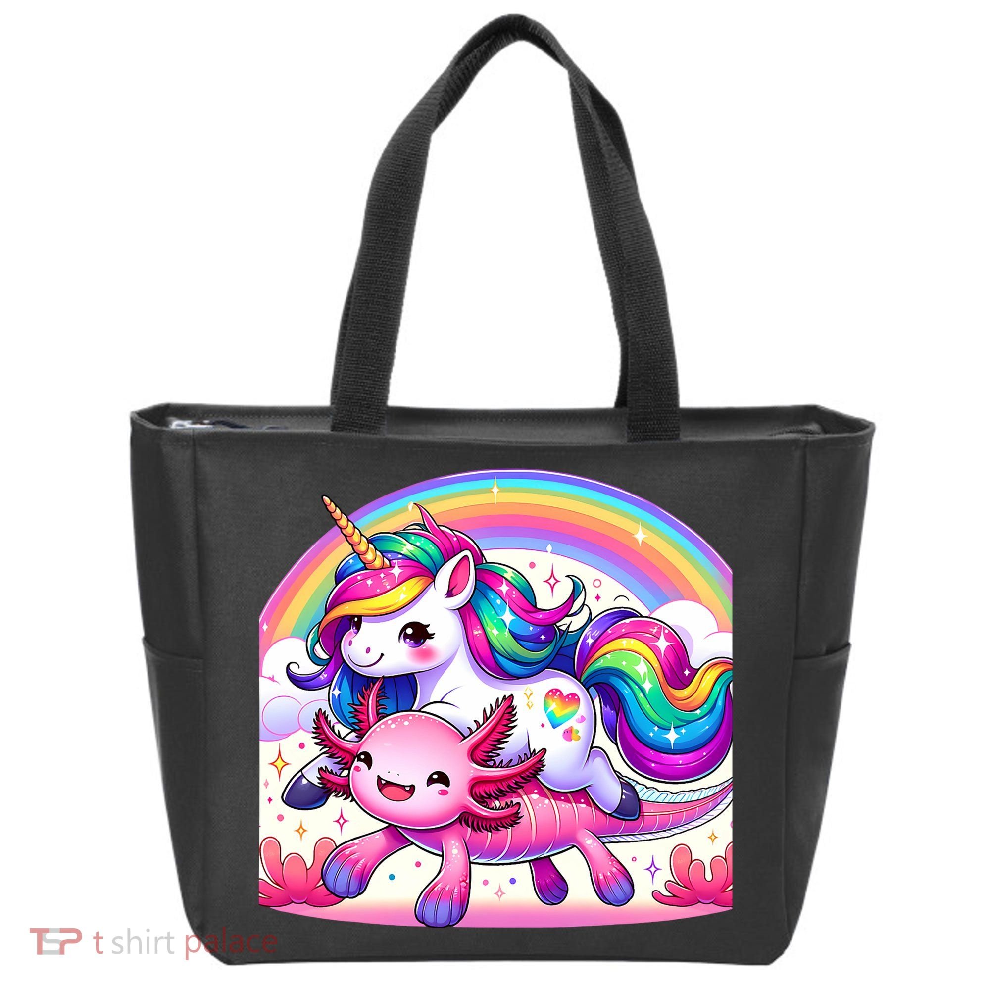 Unicorn Riding Axolotl Kawaii Rainbow Tote Bag