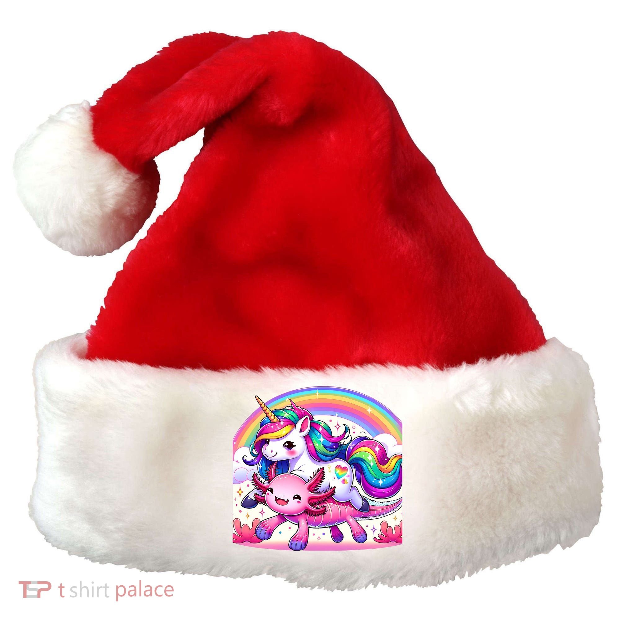 Unicorn Riding Axolotl Kawaii Rainbow Santa Hat