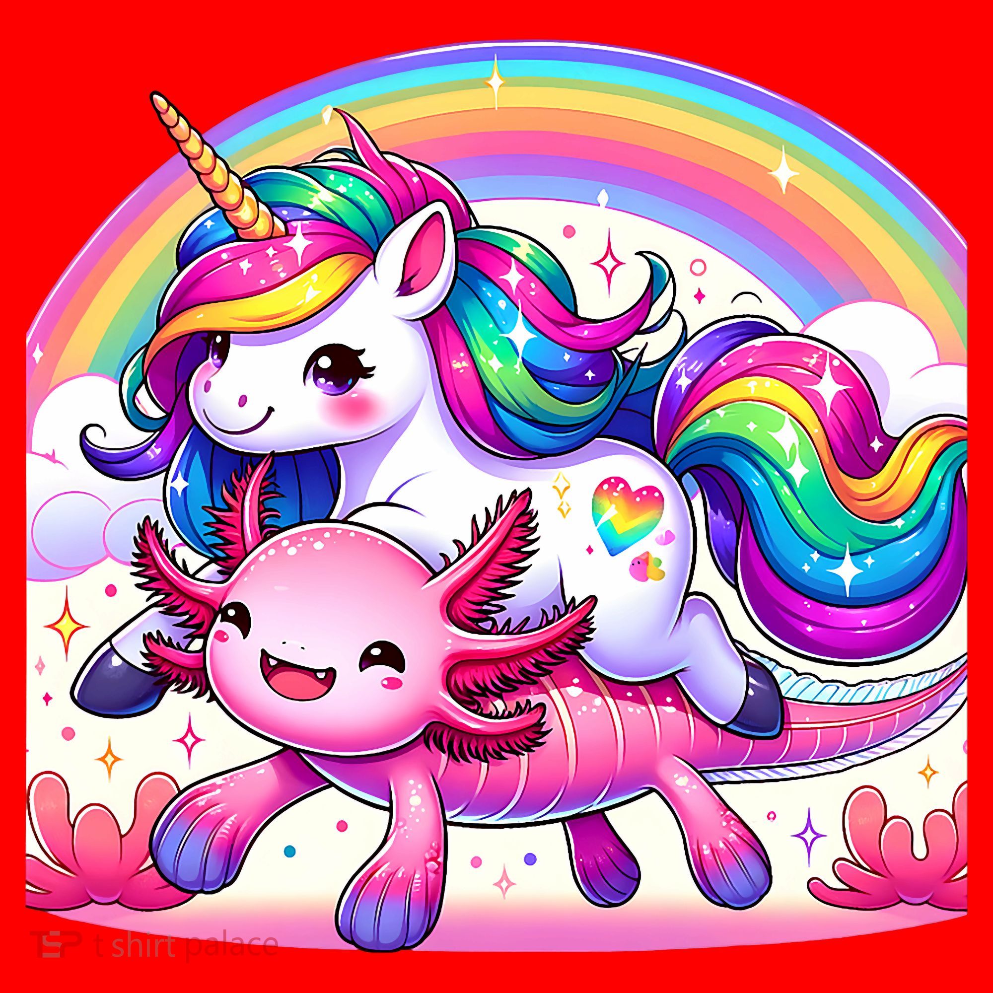 Unicorn Riding Axolotl Kawaii Rainbow Santa Hat